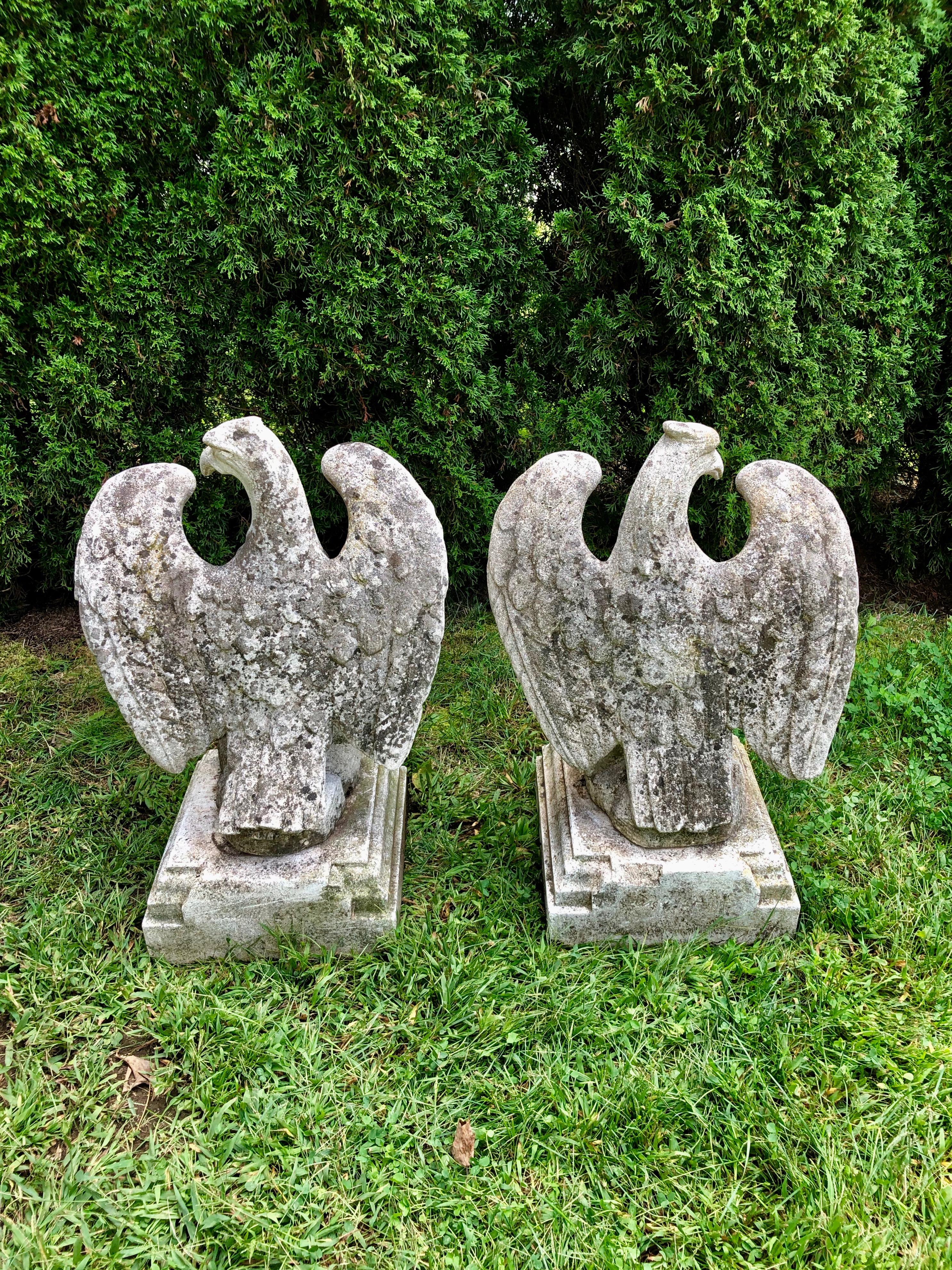 Pair of English Cast Stone Opposing Eagles on Short Plinths 1