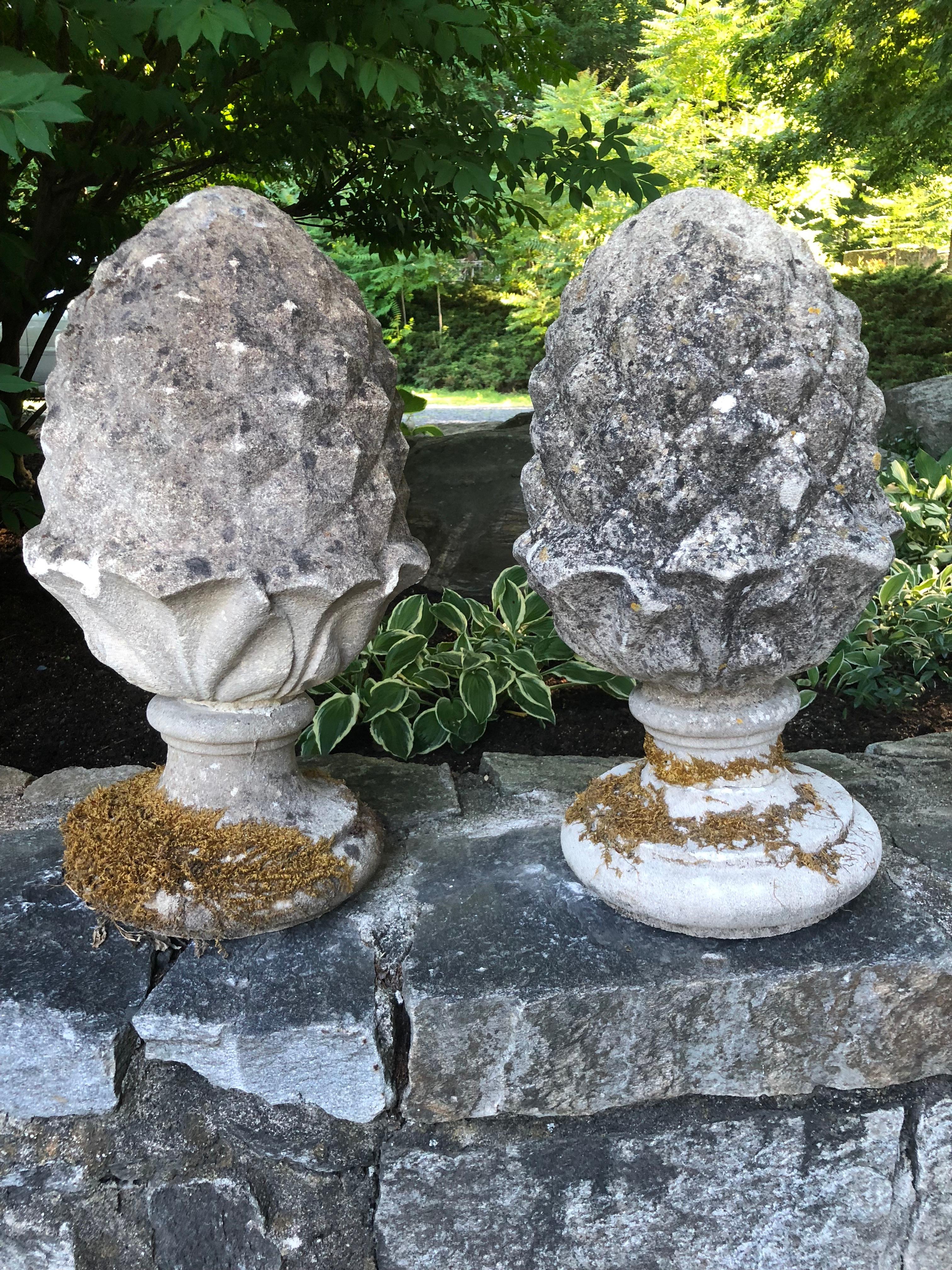We love the traditional welcoming icon of pineapples in any form, but especially when they are as well done as these finials. Each is in two parts and features beautiful weathering (medium to dark) with lichen and some moss. We were lucky enough to