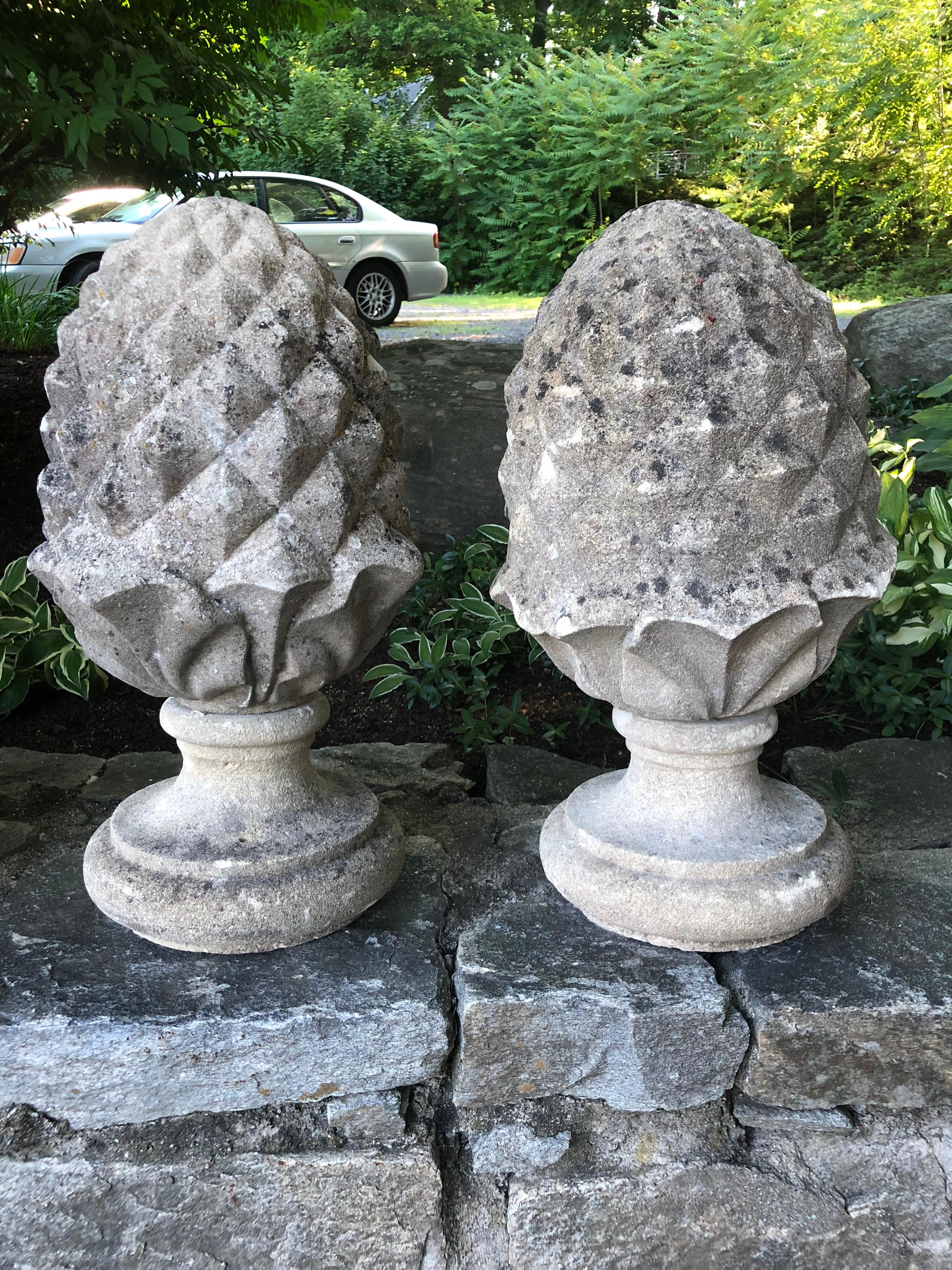 Pair of English Cast Stone Pineapple Finials In Good Condition In Woodbury, CT
