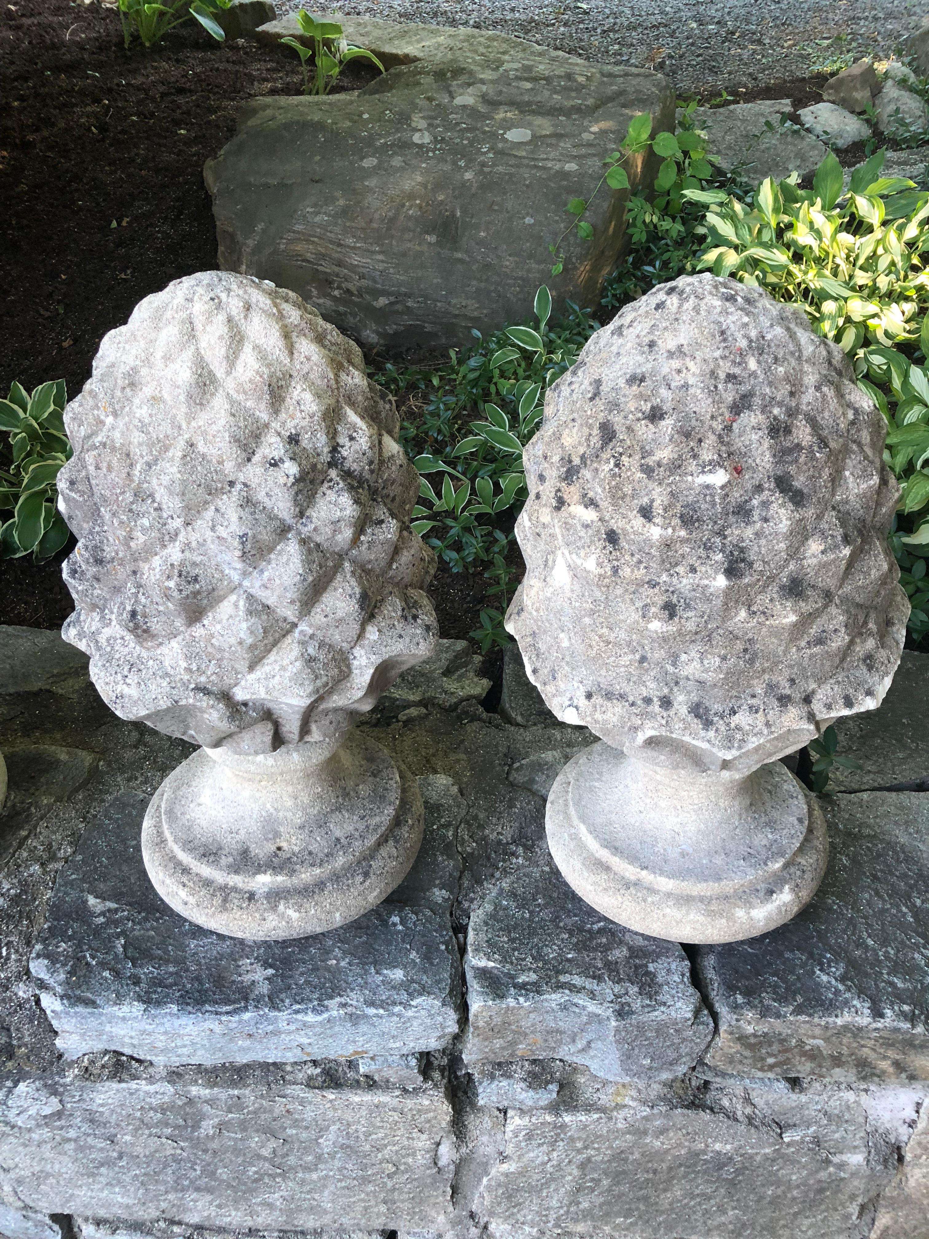 20th Century Pair of English Cast Stone Pineapple Finials