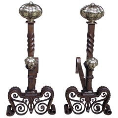 Pair of English Chased Melon Ball Bronze and Wrought Iron Andirons, Circa 1750