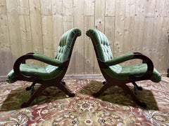 Pair of English Chesterfield armchairs in green velvet