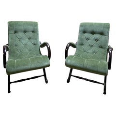 Pair of English Chesterfield armchairs in green velvet