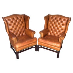 Pair of English Chesterfield Saddle/Tan  Leather Wing Chairs, Circa 1950s