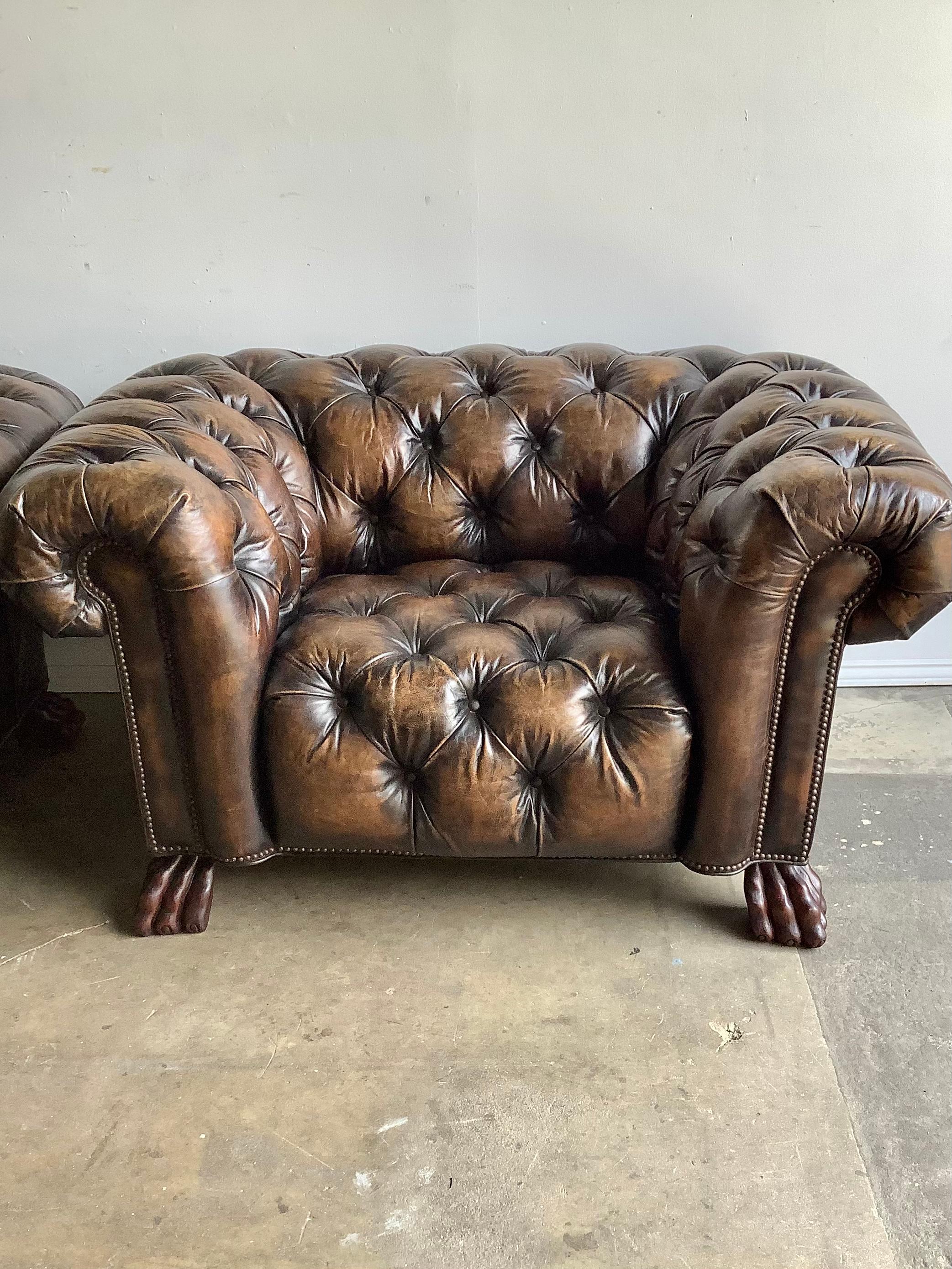 Pair of English Chesterfield Style Armchairs with Lion’s Paw Feet 5