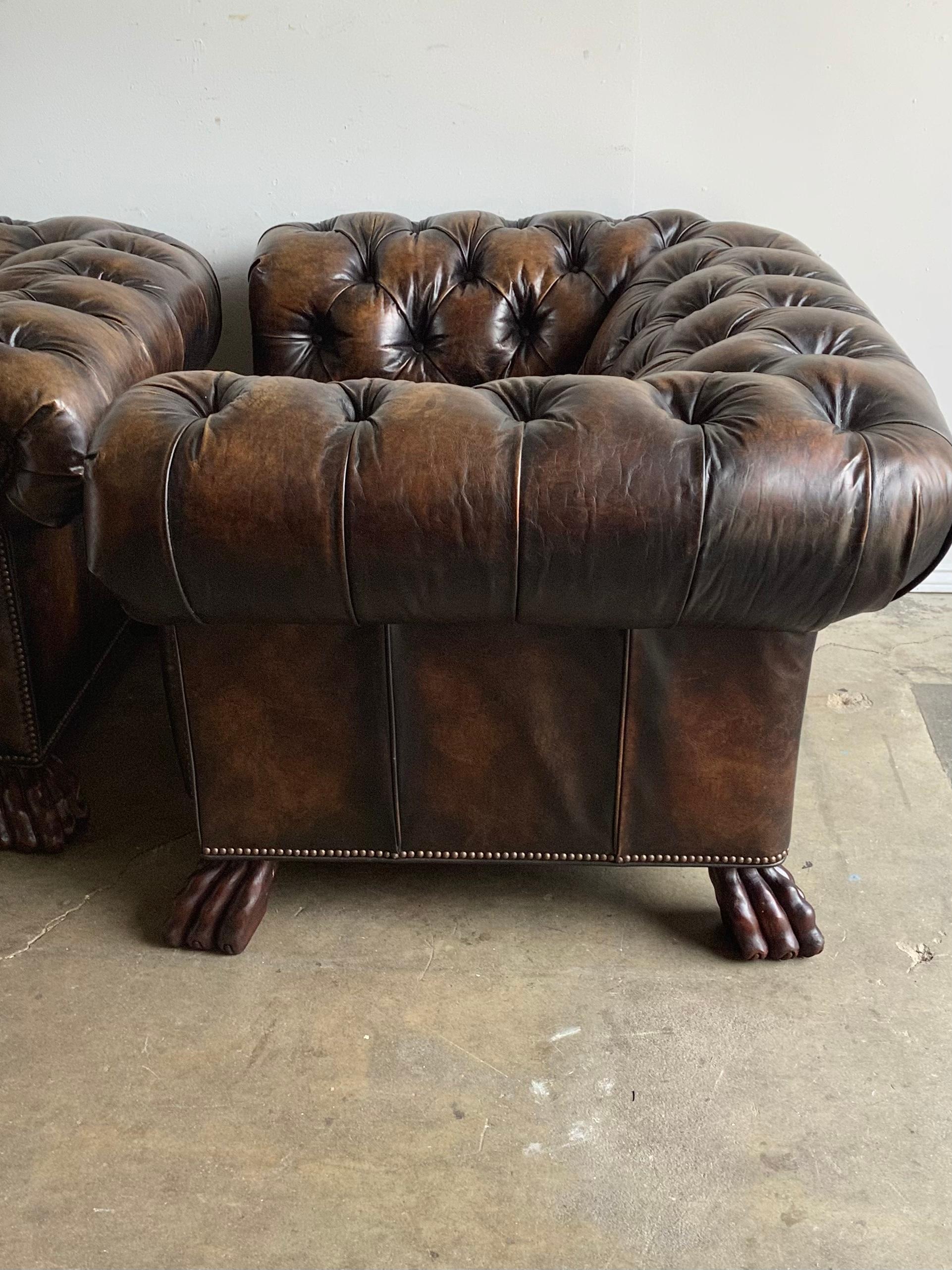 Pair of English Chesterfield Style Armchairs with Lion’s Paw Feet 6