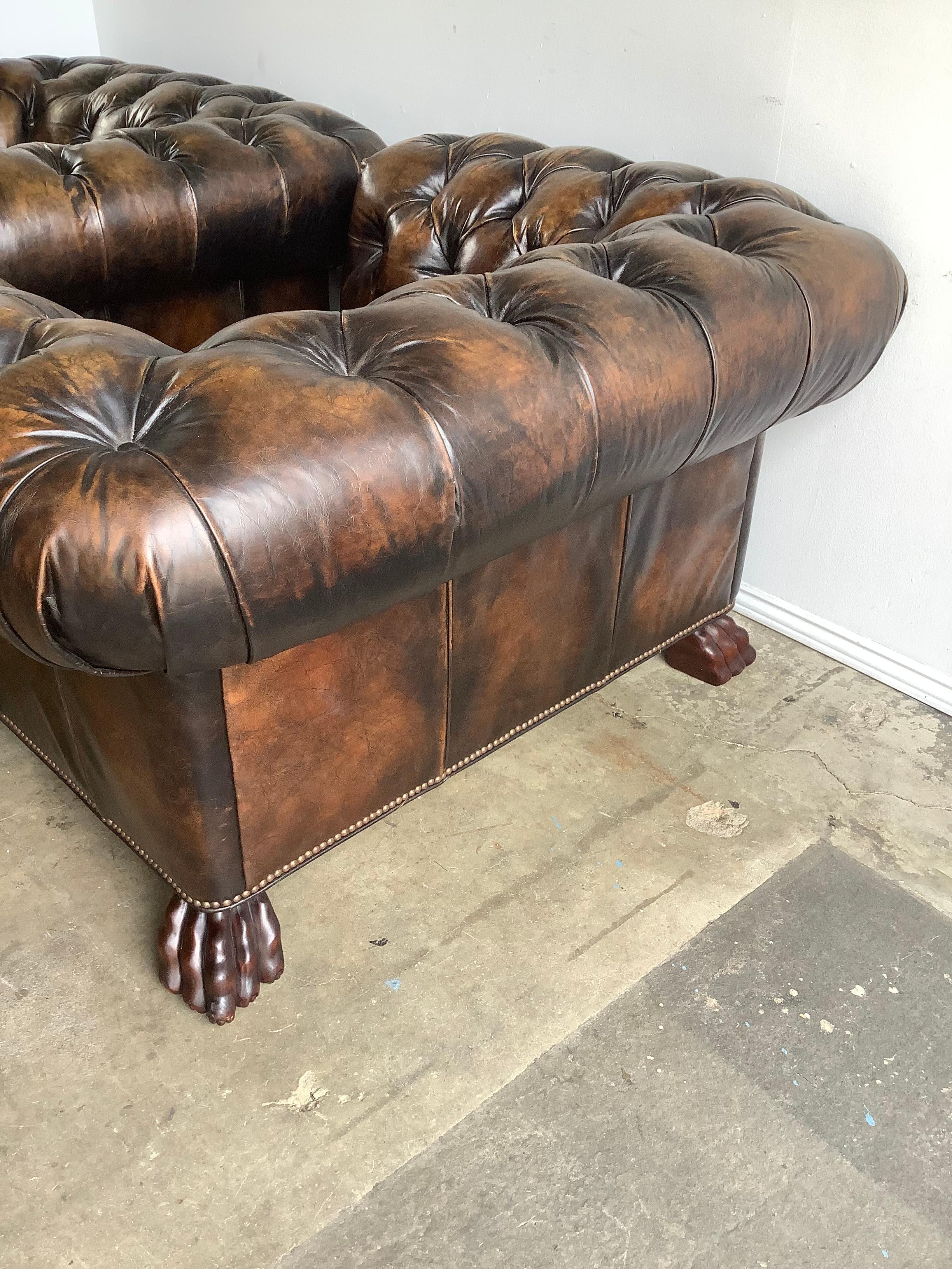 Pair of English Chesterfield Style Armchairs with Lion’s Paw Feet 7