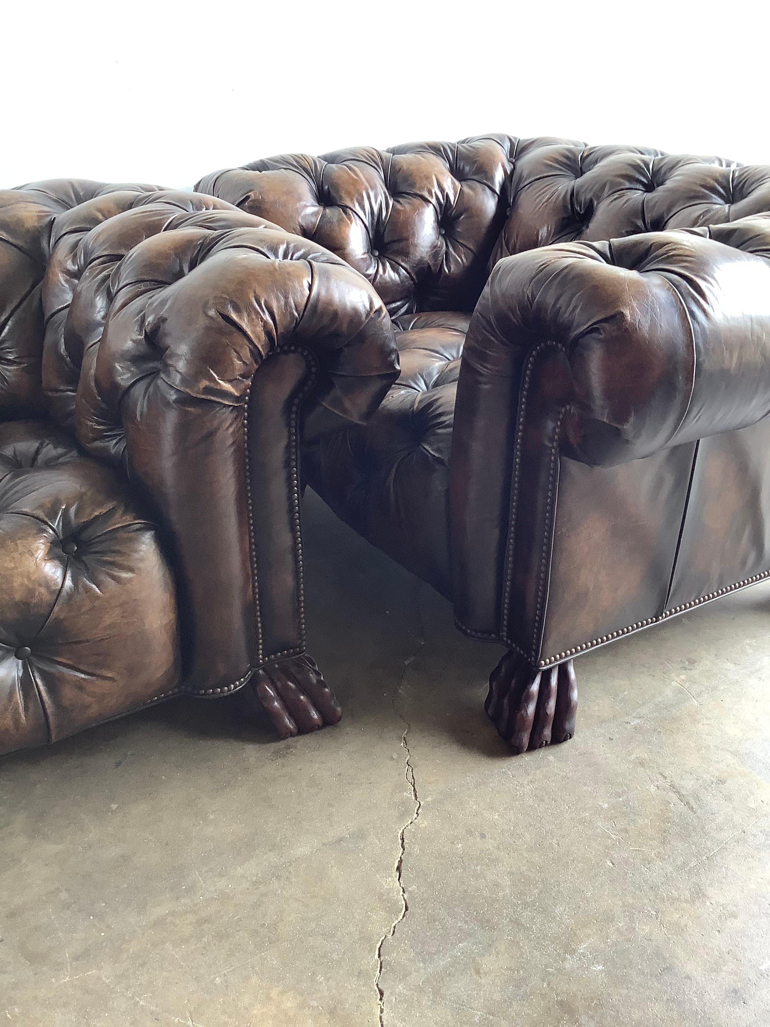 Pair of English Chesterfield Style Armchairs with Lion’s Paw Feet 10