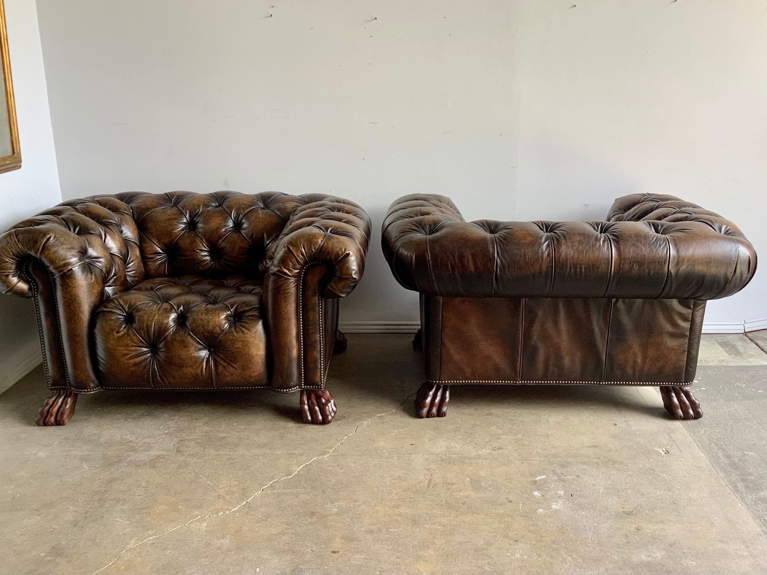 Pair of English Chesterfield Style Armchairs with Lion’s Paw Feet 11