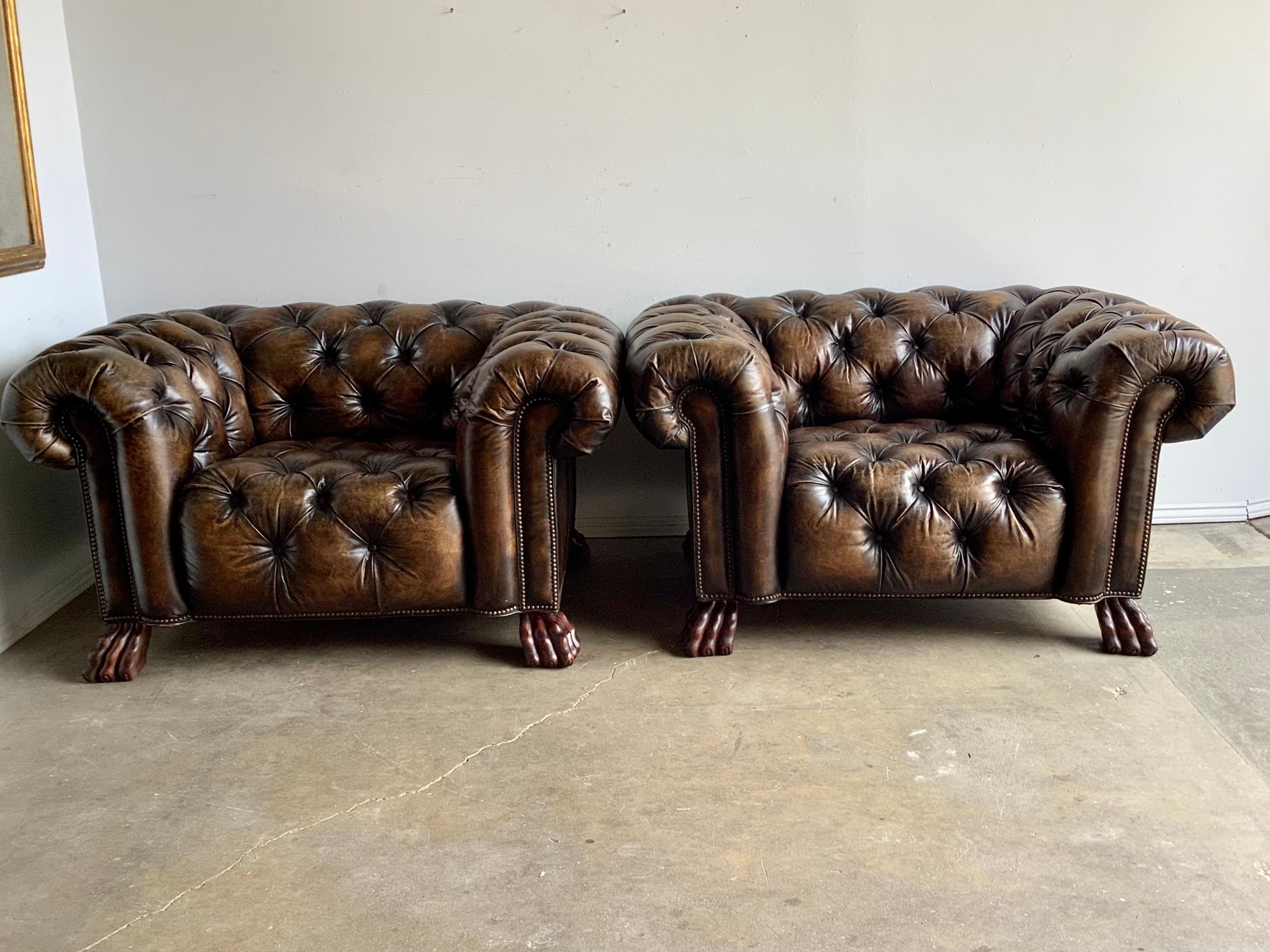 Pair of English Chesterfield Style Armchairs with Lion’s Paw Feet In Distressed Condition In Los Angeles, CA