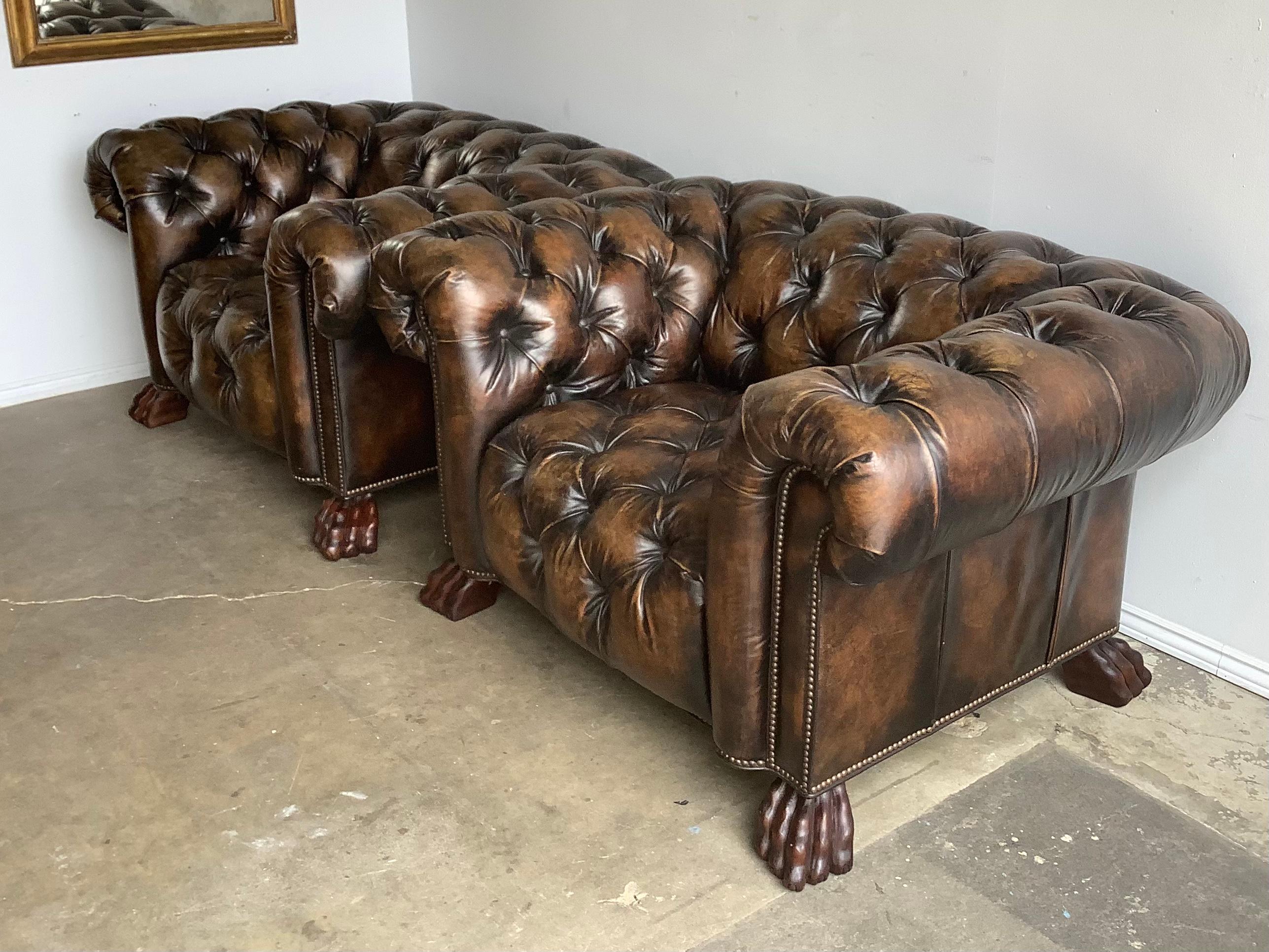 Mid-20th Century Pair of English Chesterfield Style Armchairs with Lion’s Paw Feet