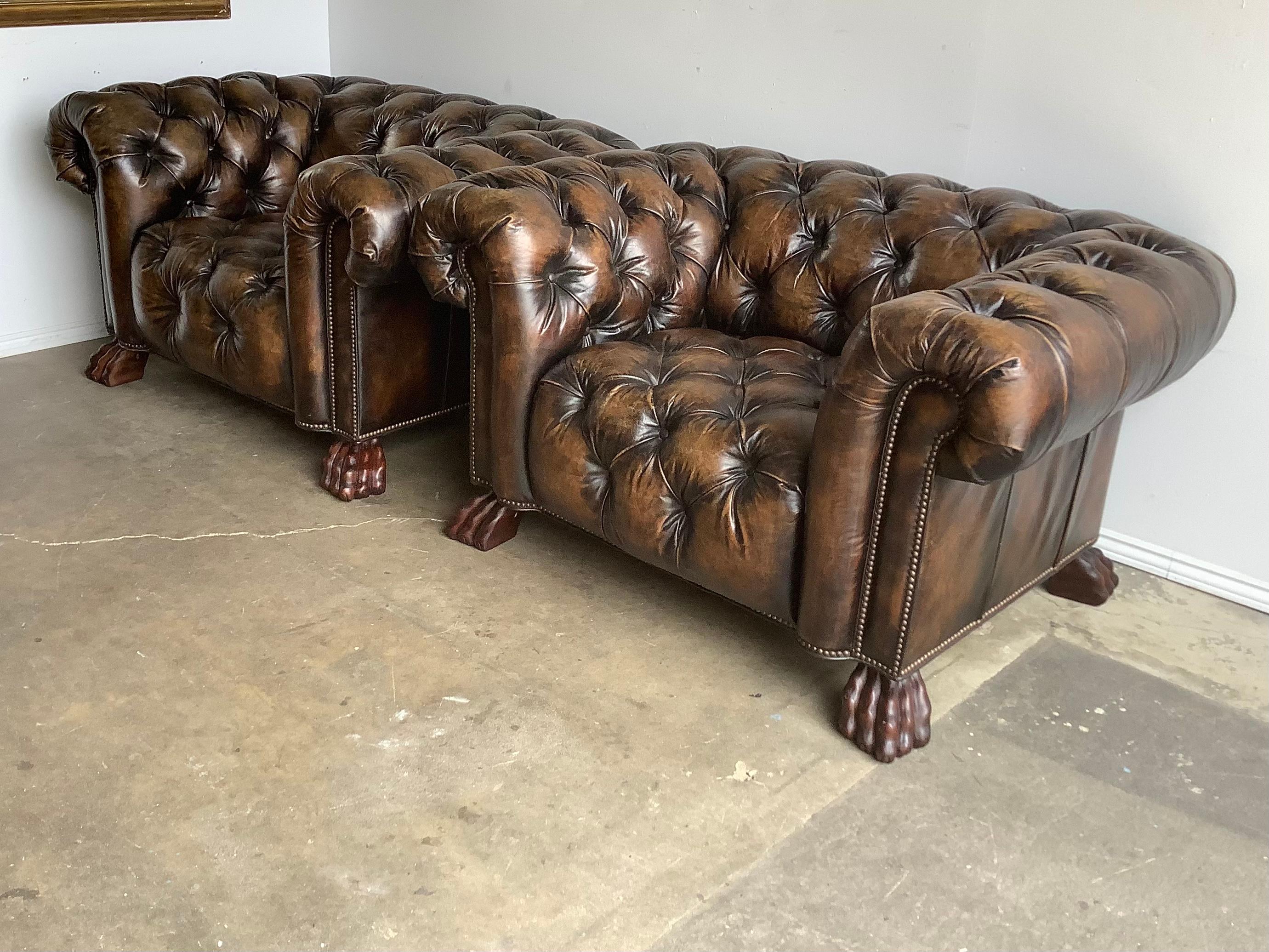Leather Pair of English Chesterfield Style Armchairs with Lion’s Paw Feet