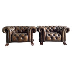 Pair of English Chesterfield Style Armchairs with Lion’s Paw Feet