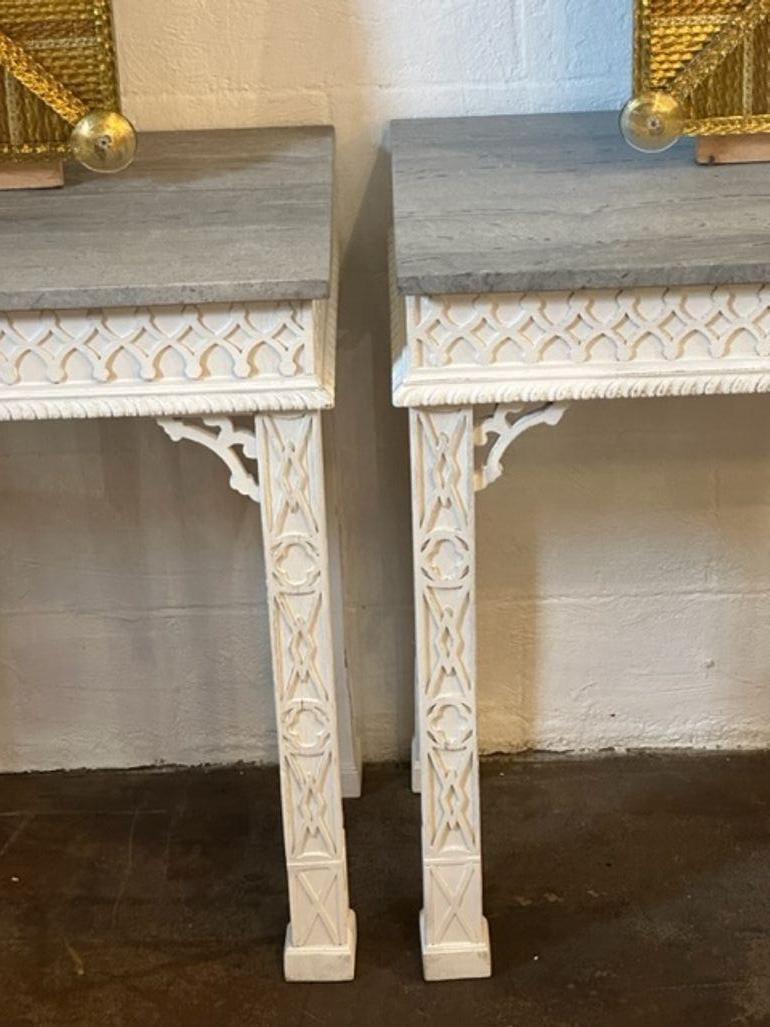 19th Century Pair of English Chinese Chippendale Carved and Whitewashed Consoles For Sale