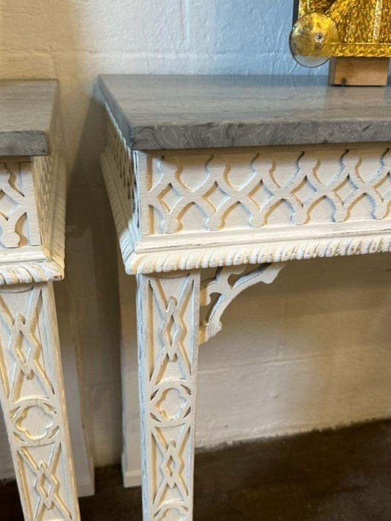 Pair of English Chinese Chippendale Carved and Whitewashed Consoles For Sale 2
