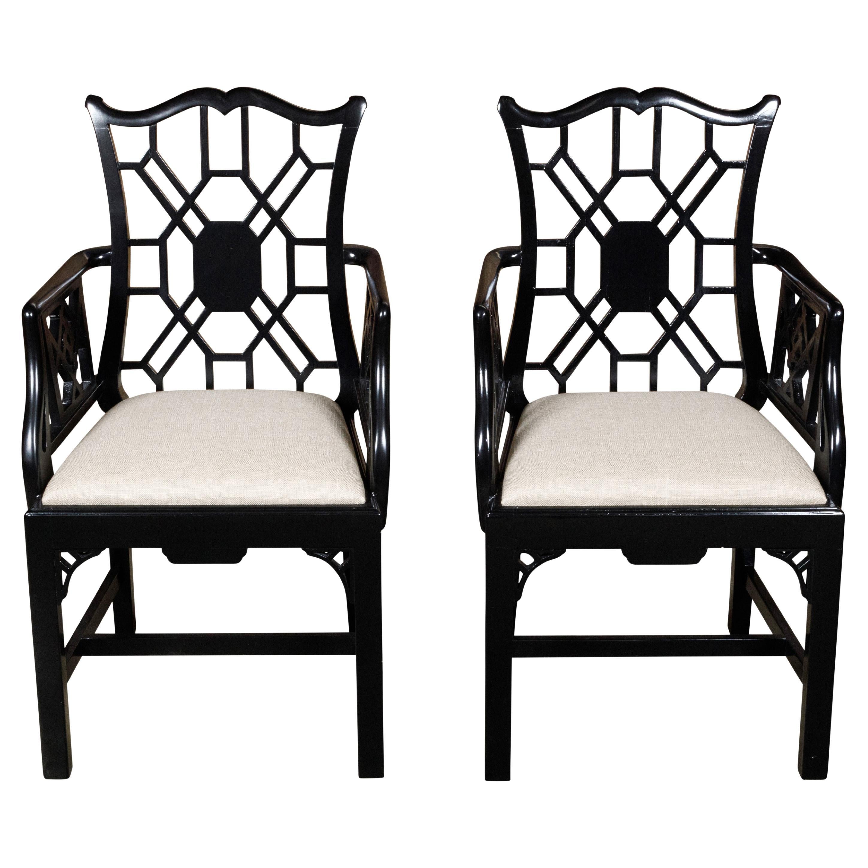 Pair of English Chinese Chippendale Style Black Lacquered Armchairs, circa 1950