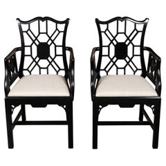 Pair of English Chinese Chippendale Style Black Lacquered Armchairs, circa 1950