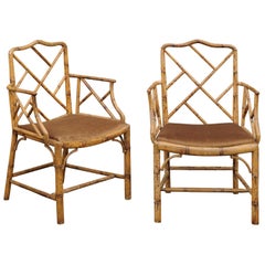 Antique Pair of English Chinese Chippendale Style Faux Bamboo Armchairs, circa 1900