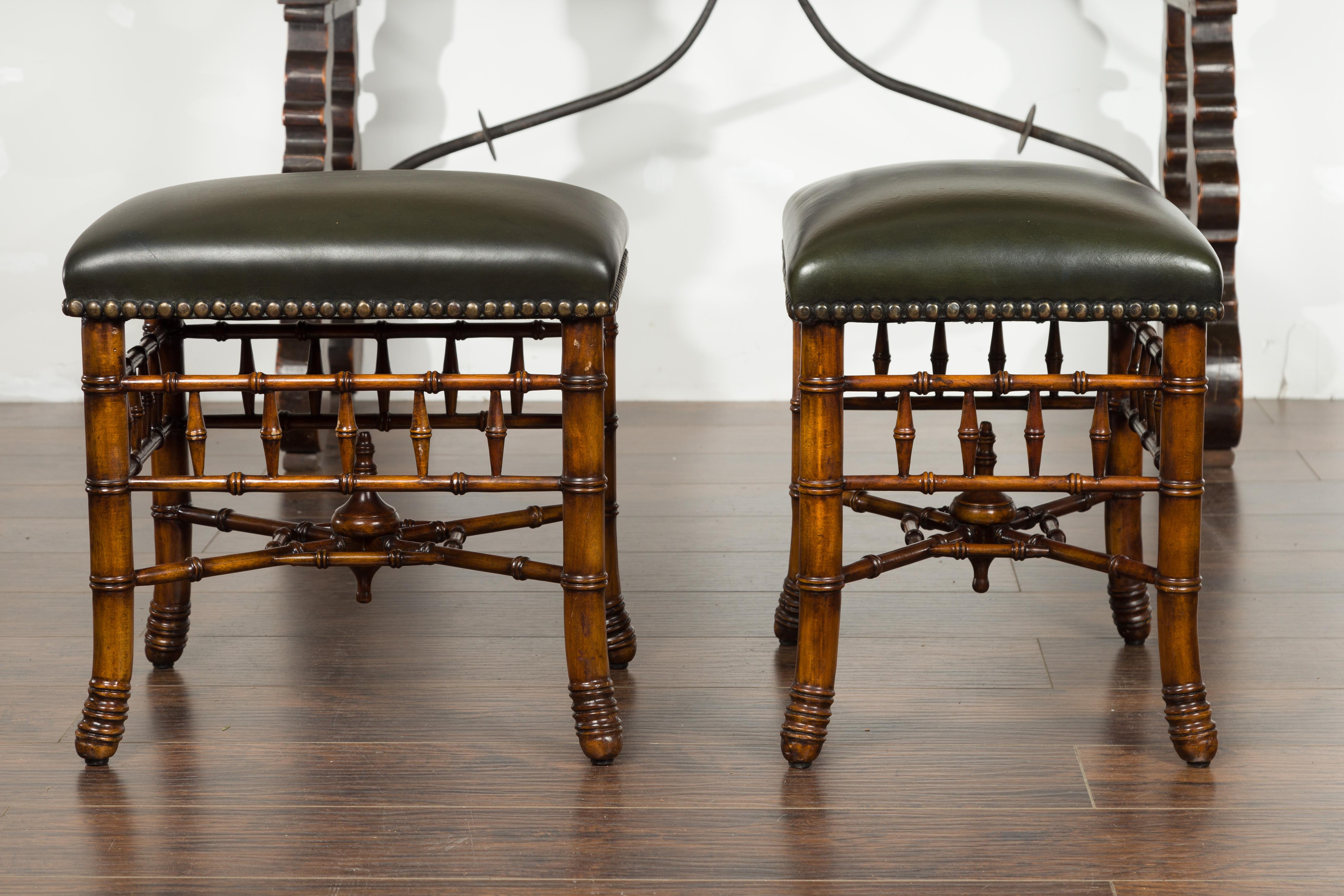 Pair of English Chinese Chippendale Style Faux Bamboo Stools with Leather Tops 10