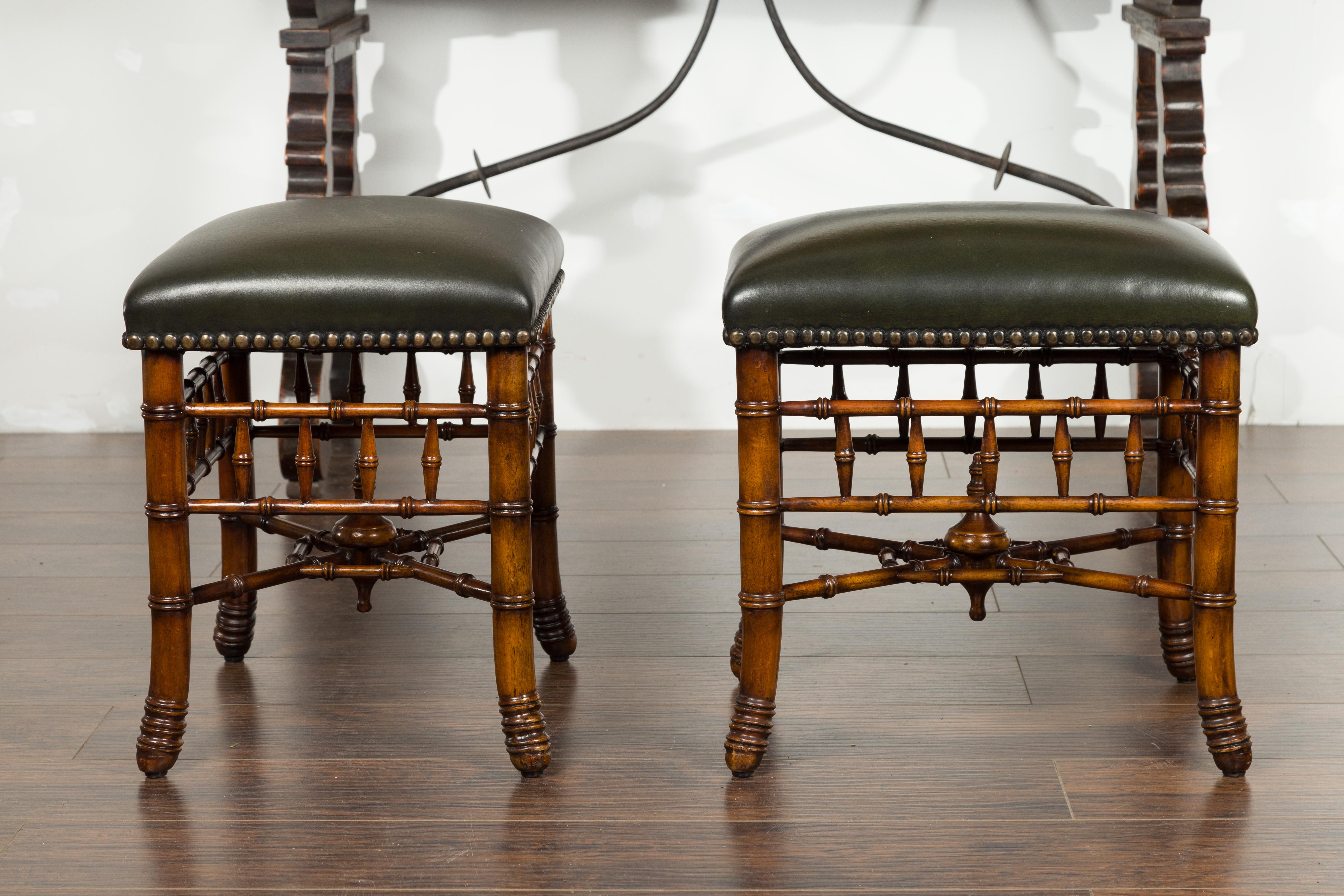Pair of English Chinese Chippendale Style Faux Bamboo Stools with Leather Tops 11