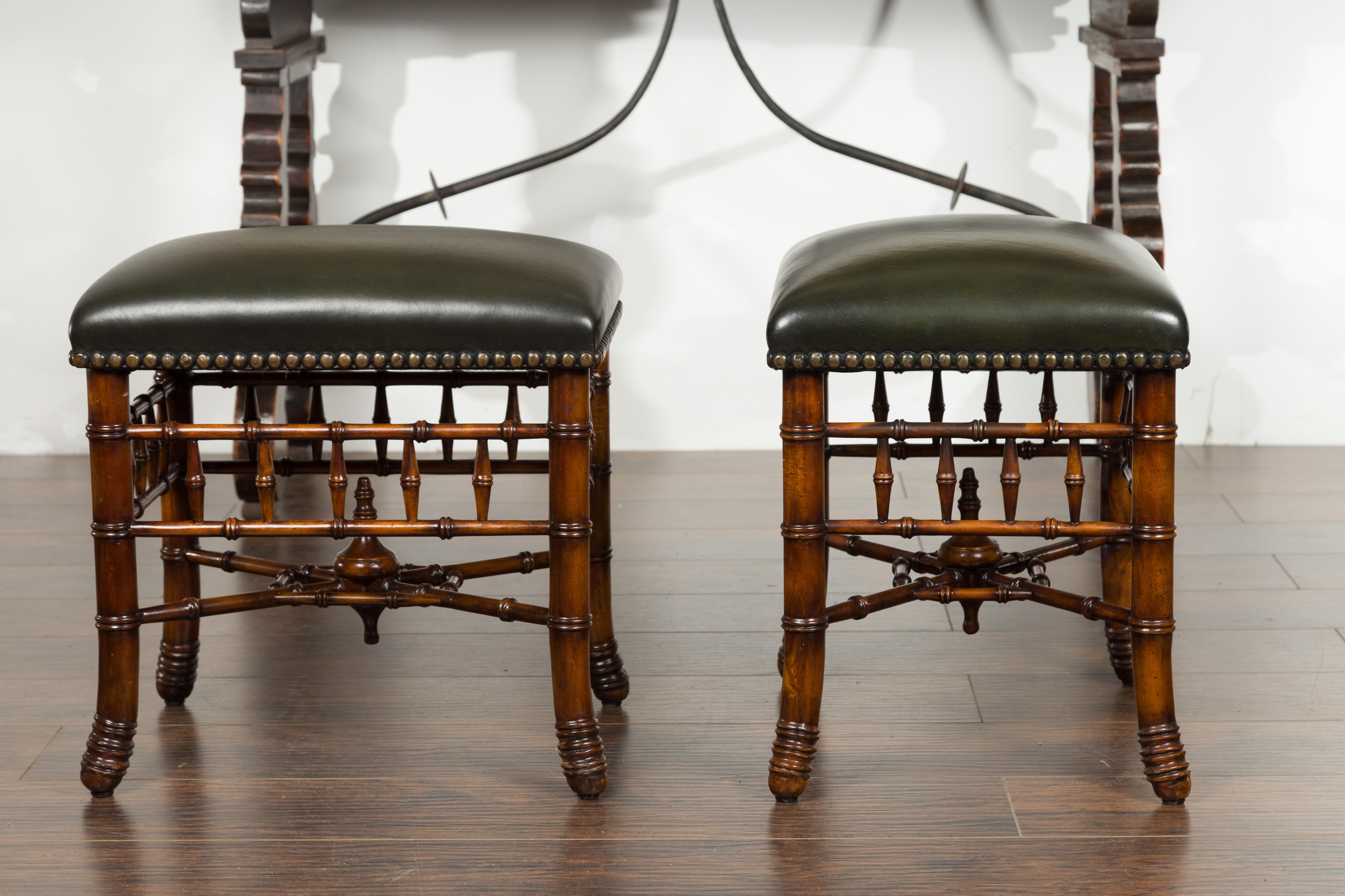 Pair of English Chinese Chippendale Style Faux Bamboo Stools with Leather Tops 12