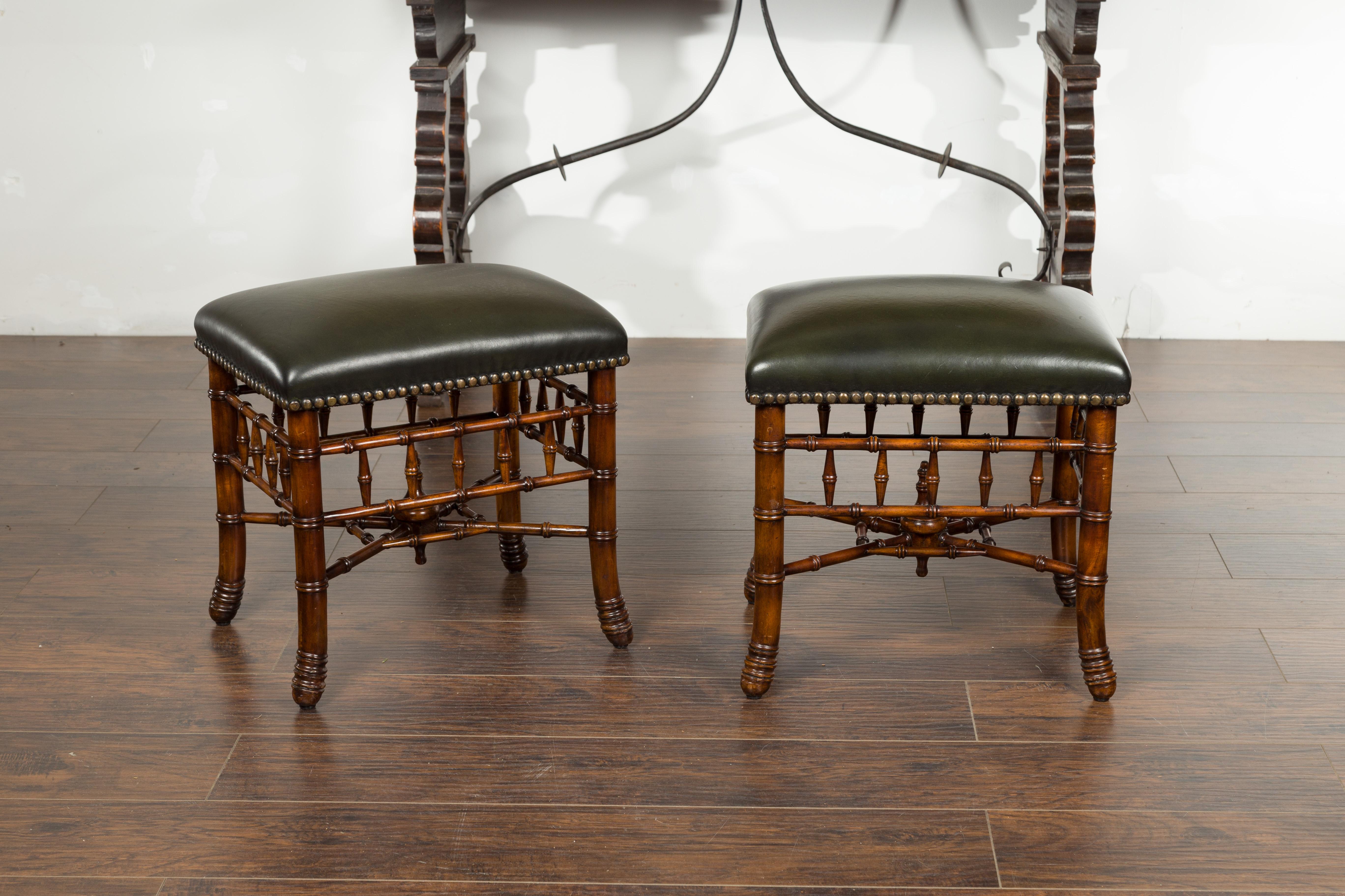 Pair of English Chinese Chippendale Style Faux Bamboo Stools with Leather Tops In Good Condition In Atlanta, GA