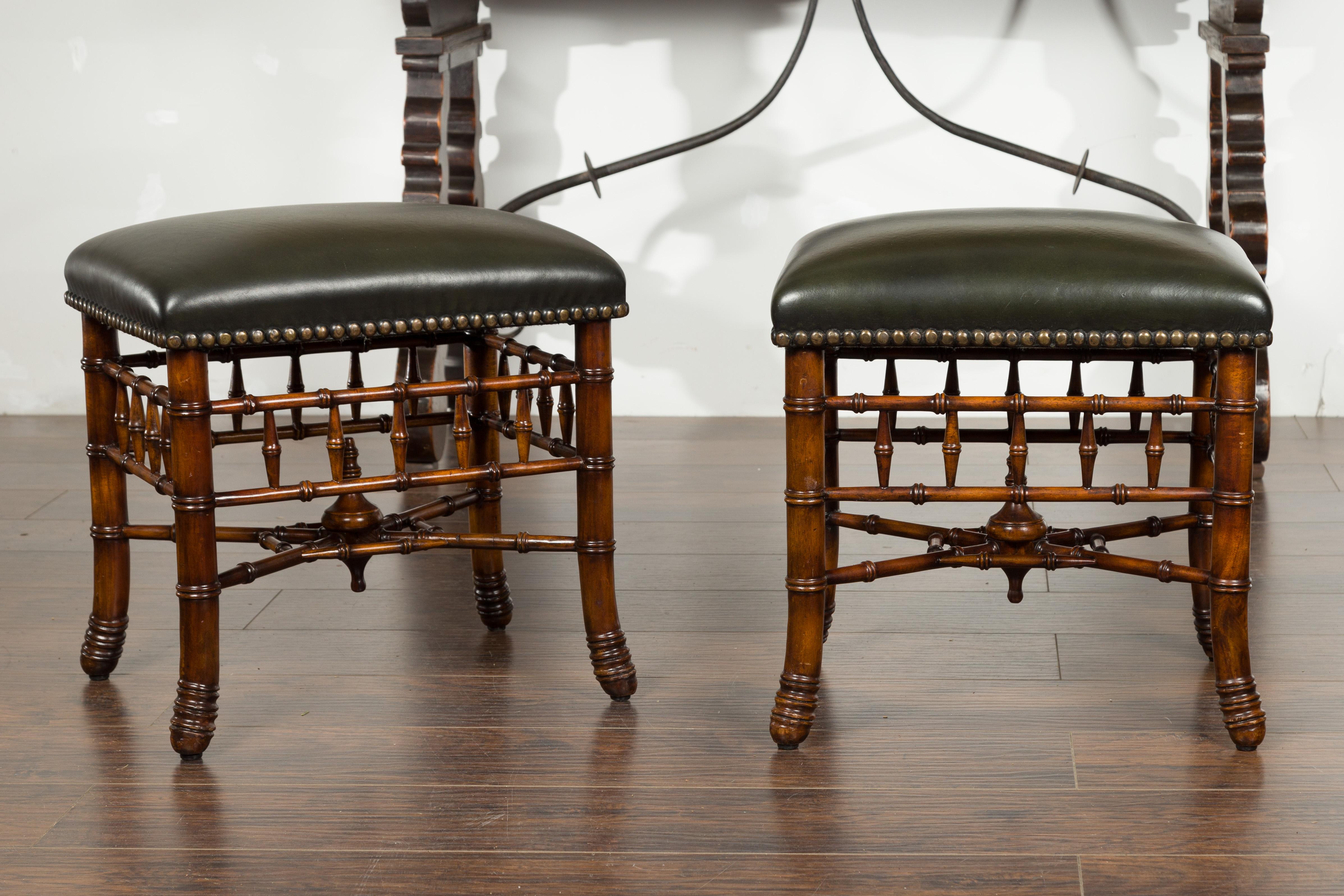 20th Century Pair of English Chinese Chippendale Style Faux Bamboo Stools with Leather Tops