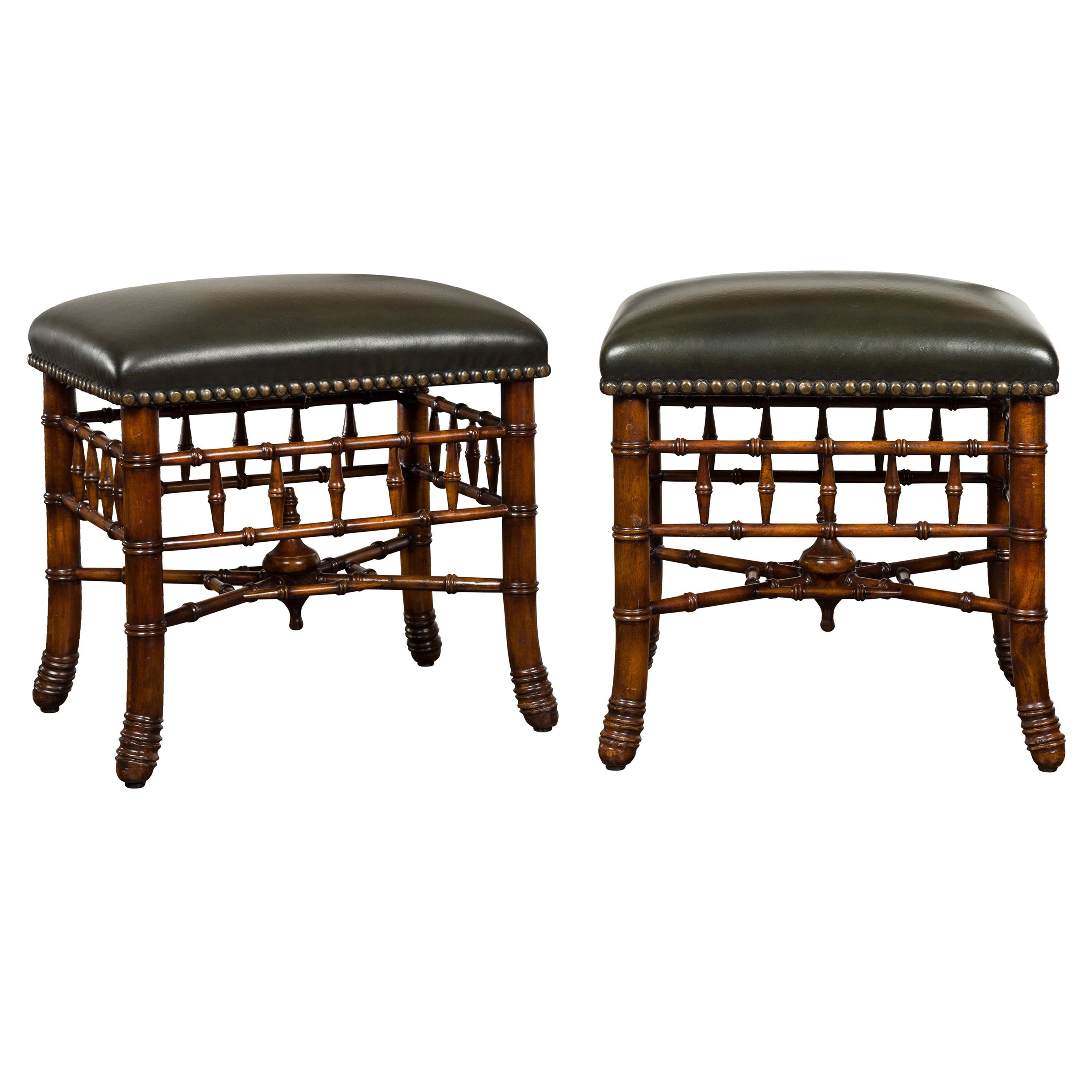 Pair of English Chinese Chippendale Style Faux Bamboo Stools with Leather Tops