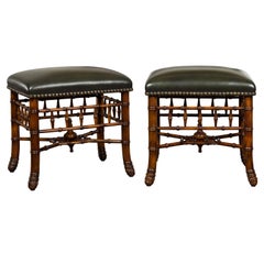Vintage Pair of English Chinese Chippendale Style Faux Bamboo Stools with Leather Tops