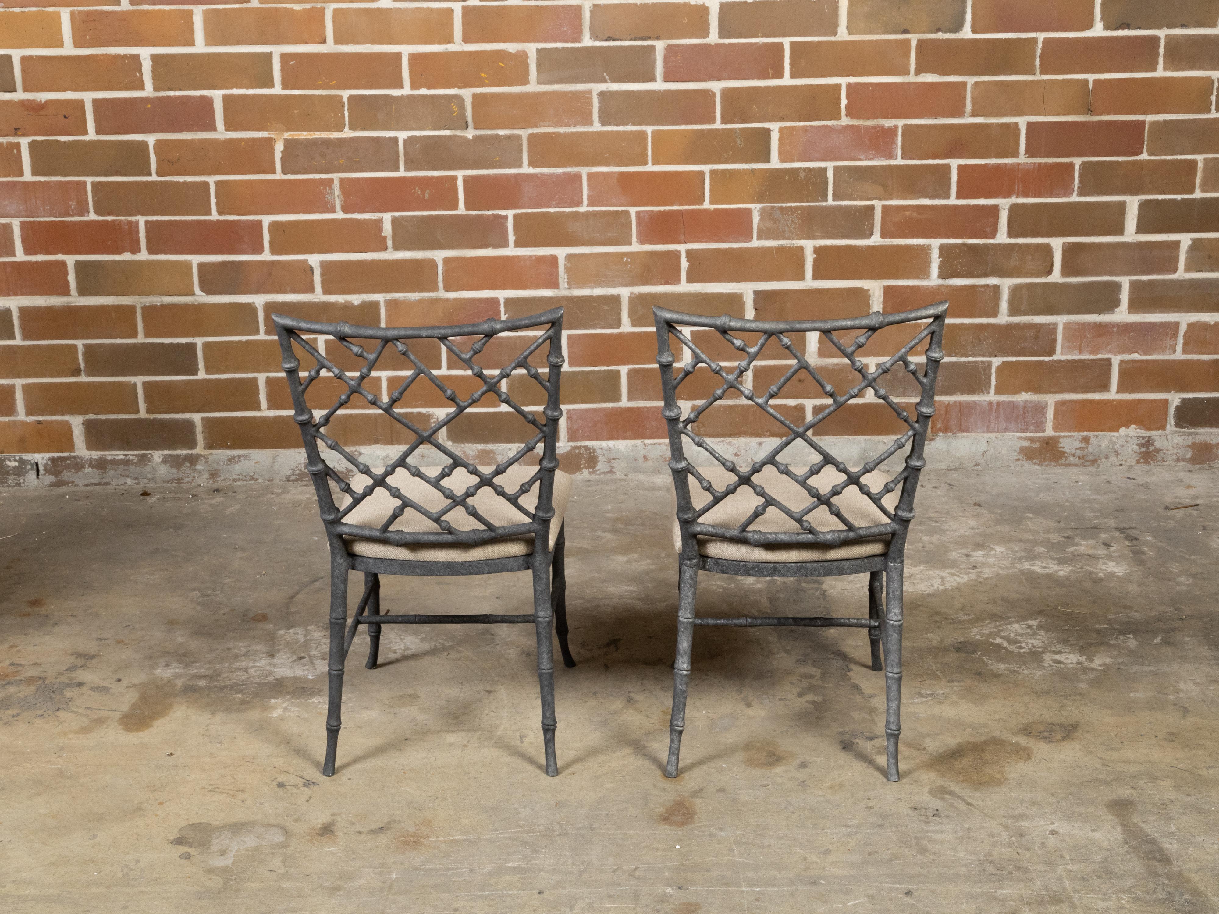 Pair of English Chinese Chippendale Style Midcentury Side Chairs with Upholstery In Good Condition For Sale In Atlanta, GA