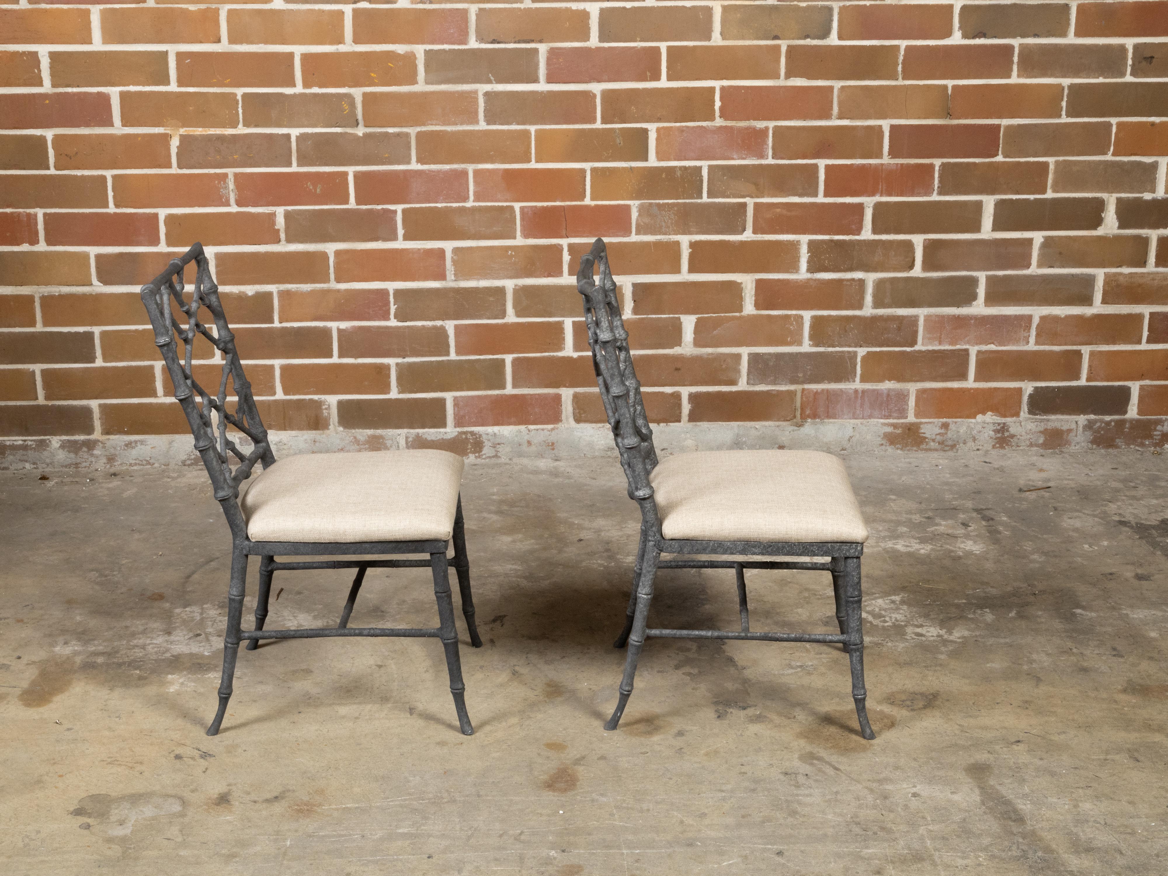 Pair of English Chinese Chippendale Style Midcentury Side Chairs with Upholstery For Sale 1