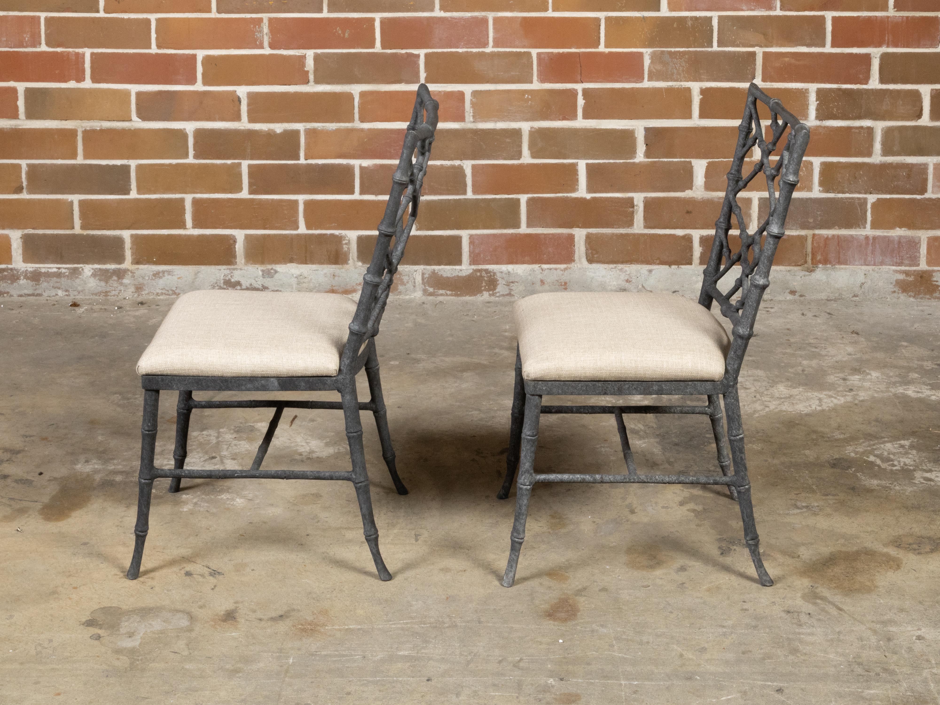 Pair of English Chinese Chippendale Style Midcentury Side Chairs with Upholstery For Sale 2