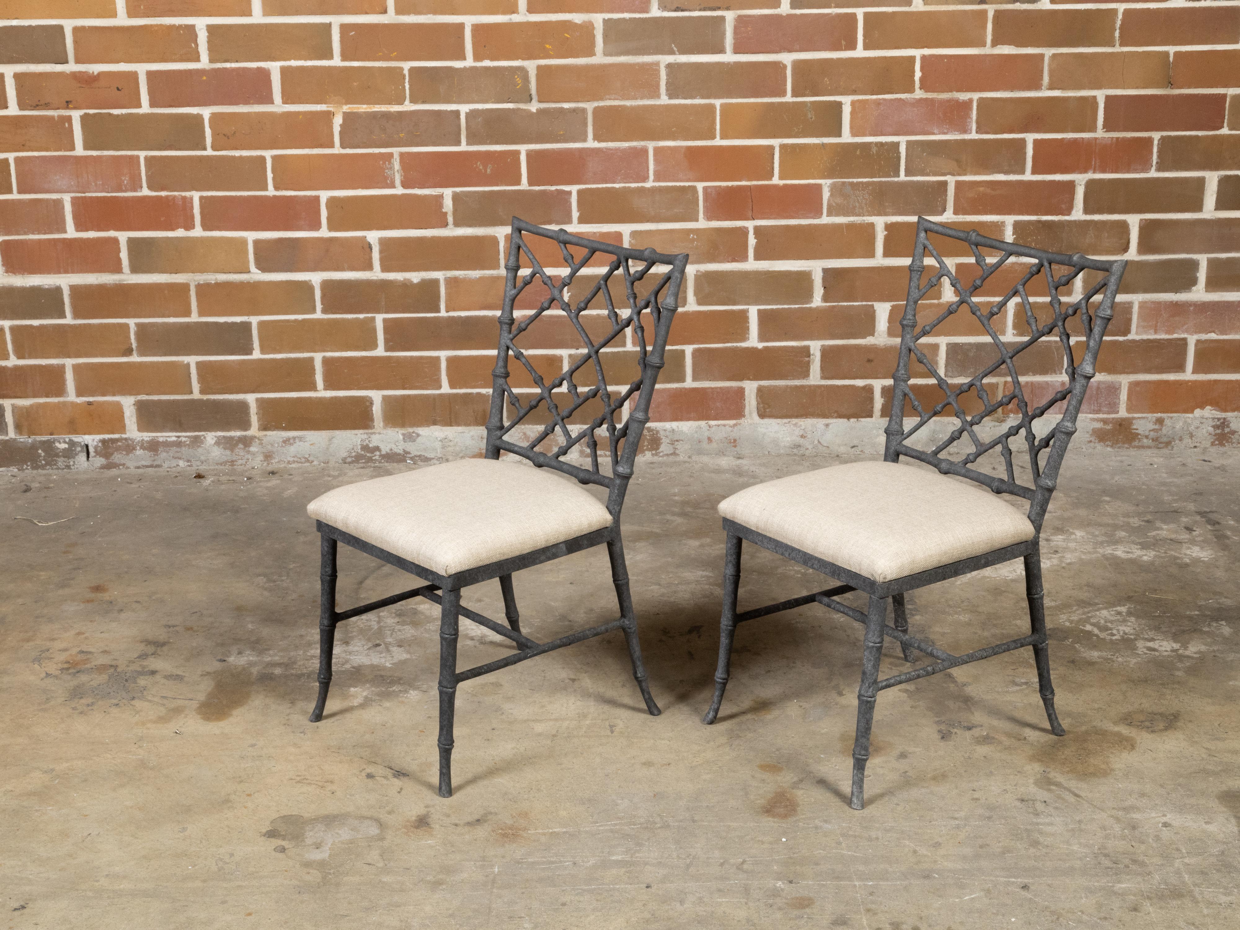 Pair of English Chinese Chippendale Style Midcentury Side Chairs with Upholstery For Sale 3