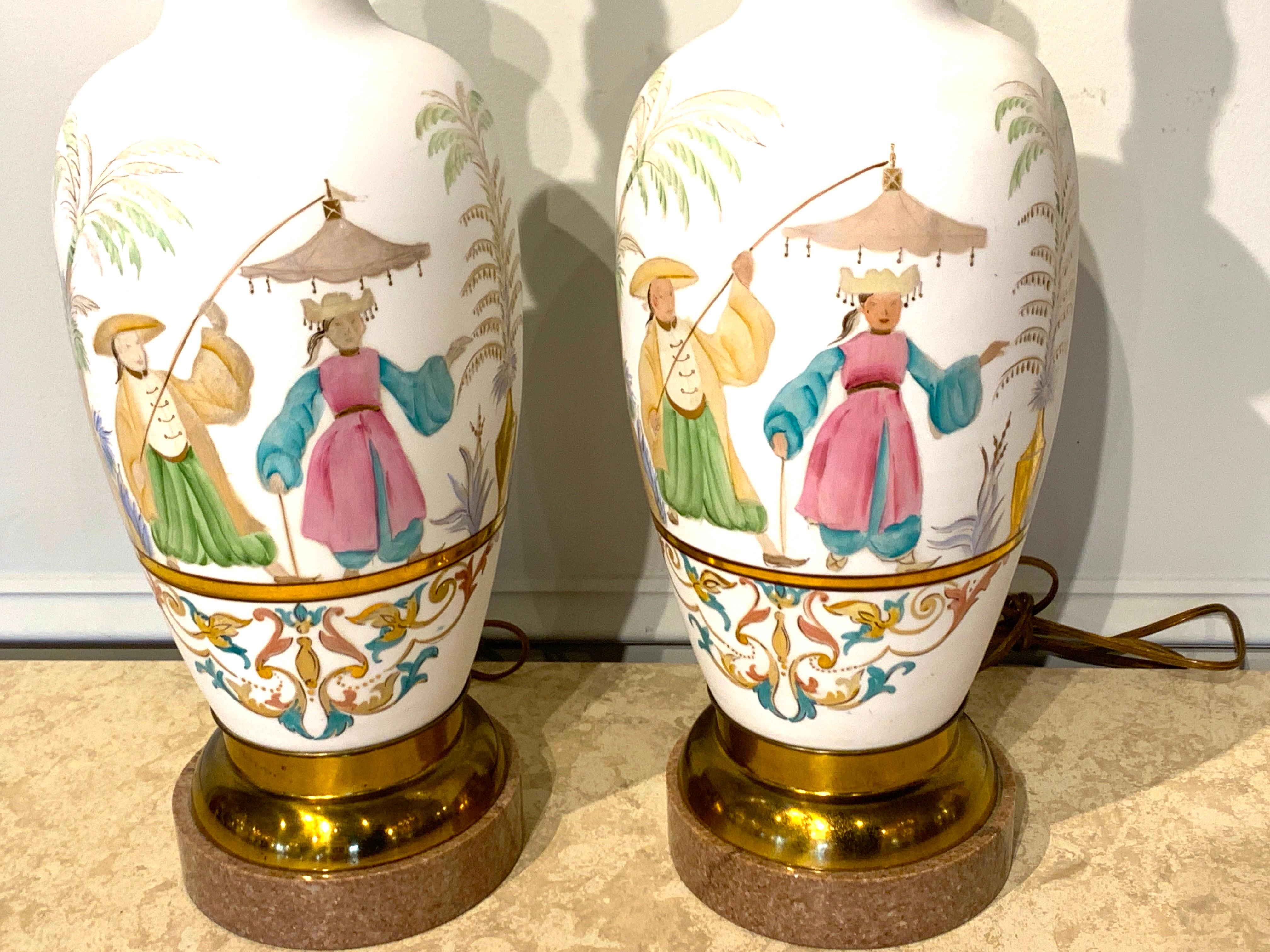 Enameled Pair of English Chinoiserie Bristol Opaline Glass Vases, Now as Lamps For Sale