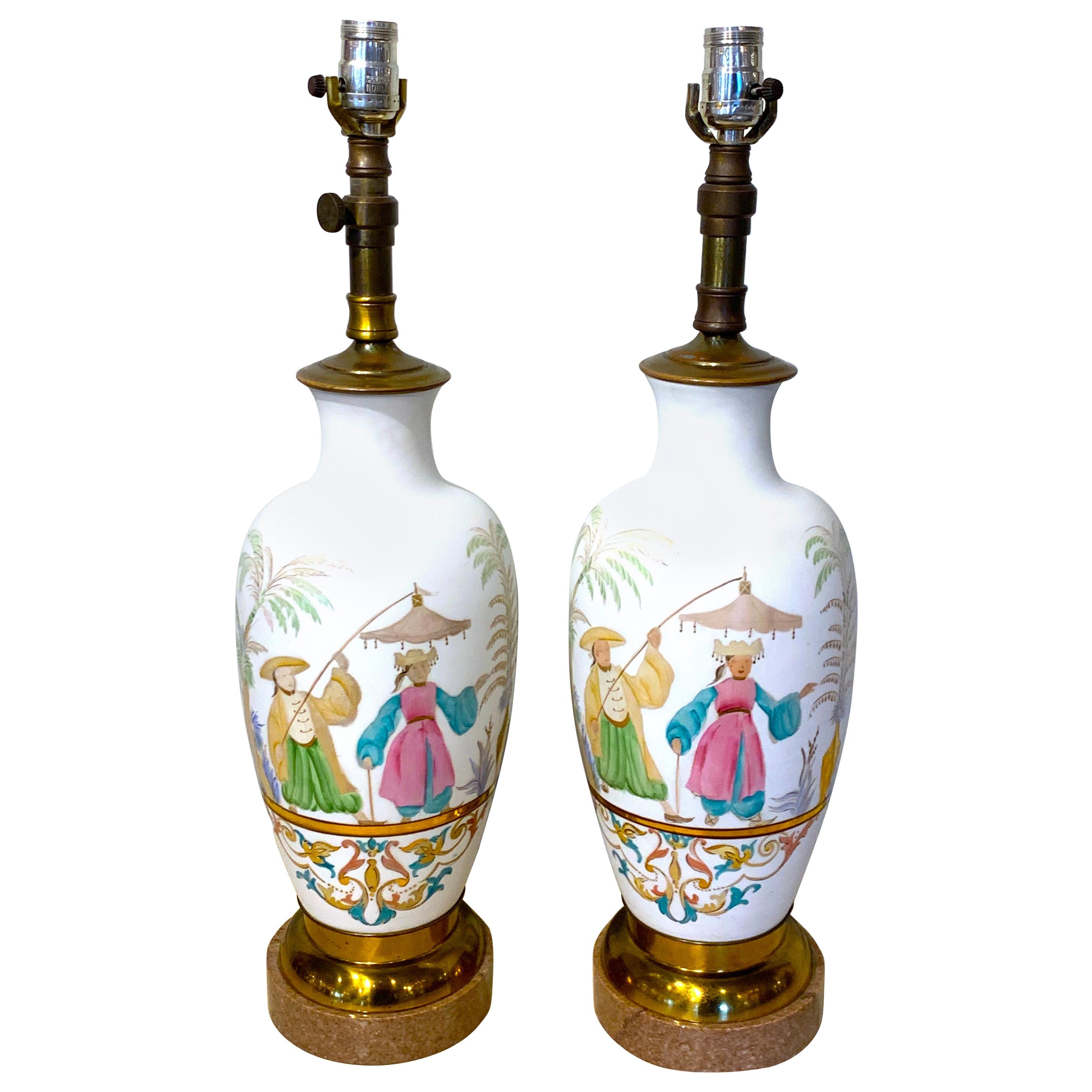 Pair of English Chinoiserie Bristol Opaline Glass Vases, Now as Lamps For Sale