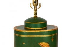 Pair of English Chinoiserie Genre Scene Hand-Painted Tole Tea Caddy Table Lamps