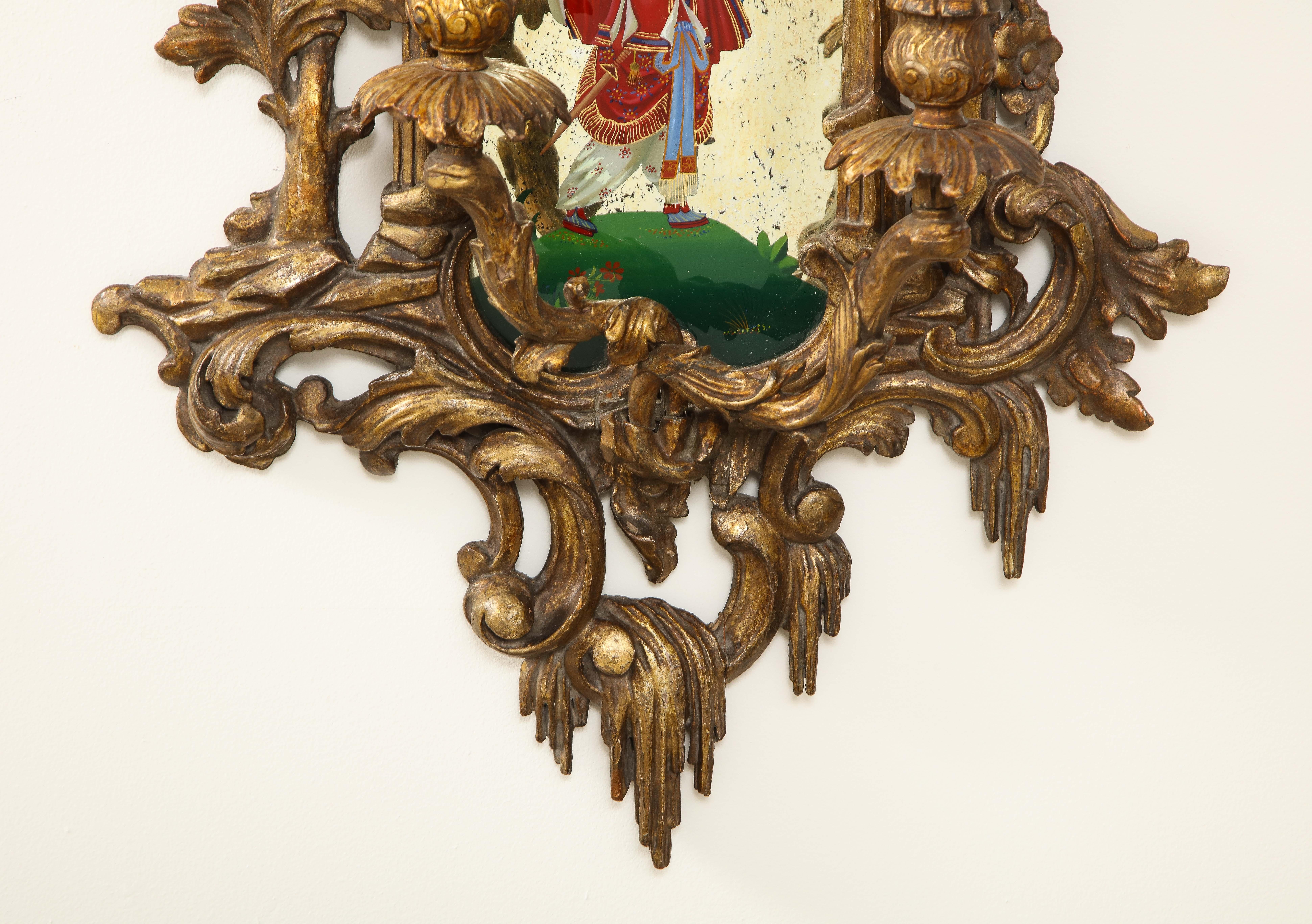 Pair of English Chinoiserie Painted Reverse on Glass Giltwood Mirrored Sconces For Sale 9