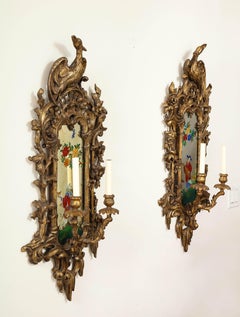 Pair of English Chinoiserie Painted Reverse on Glass Giltwood Mirrored Sconces