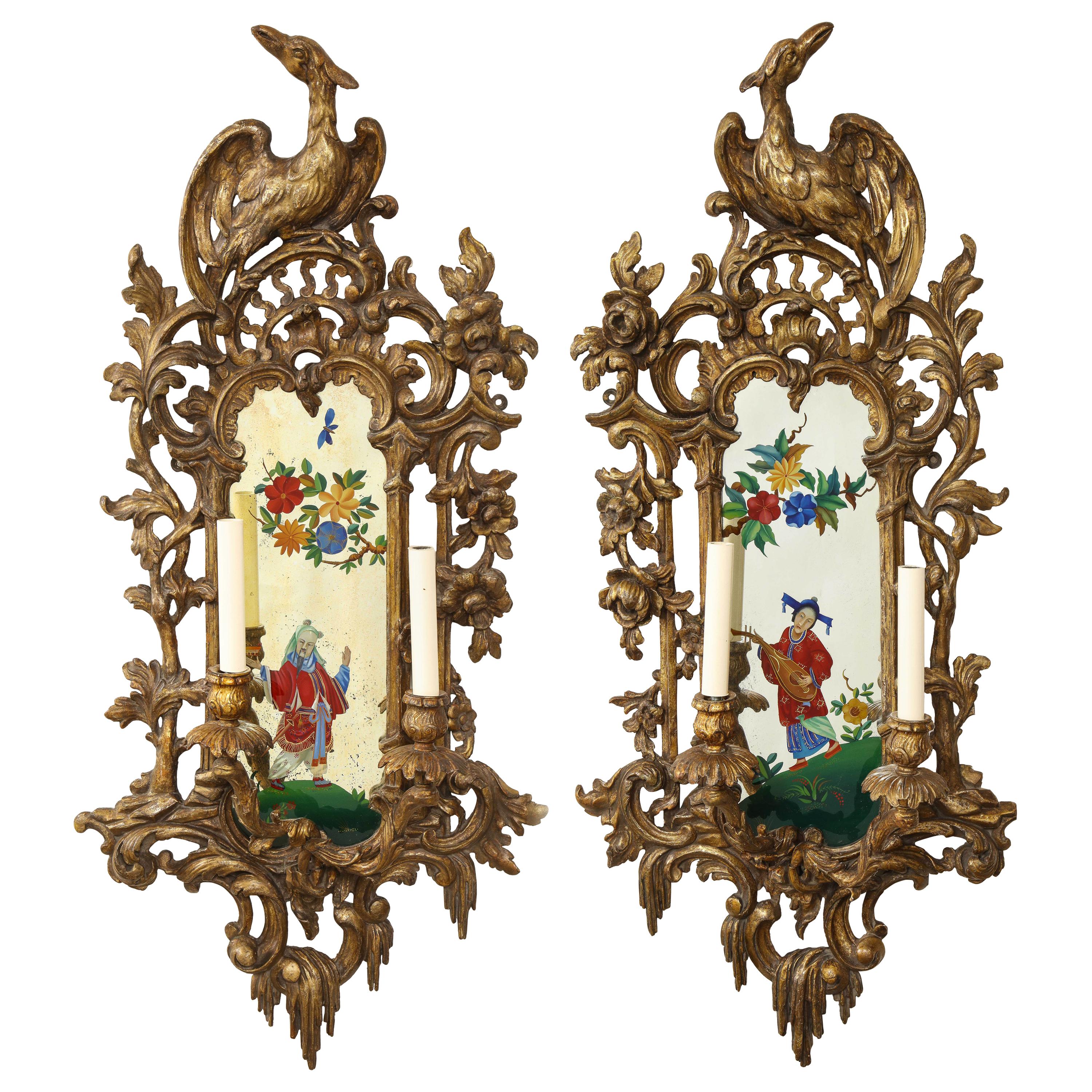 Pair of English Chinoiserie Painted Reverse on Glass Giltwood Mirrored Sconces