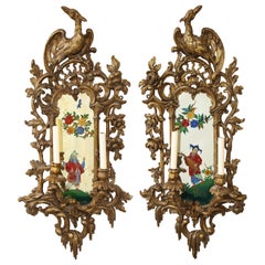 Antique Pair of English Chinoiserie Painted Reverse on Glass Giltwood Mirrored Sconces