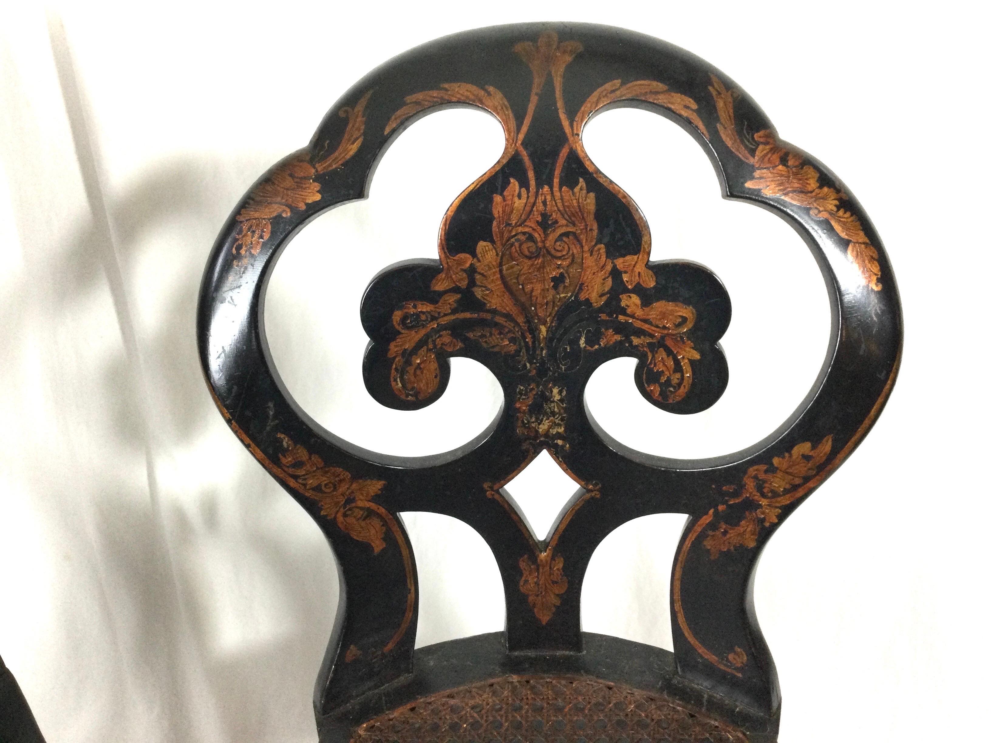 High Victorian Pair of English Chinoiserie Side Chairs with Caned Seats, Circa 1870's For Sale