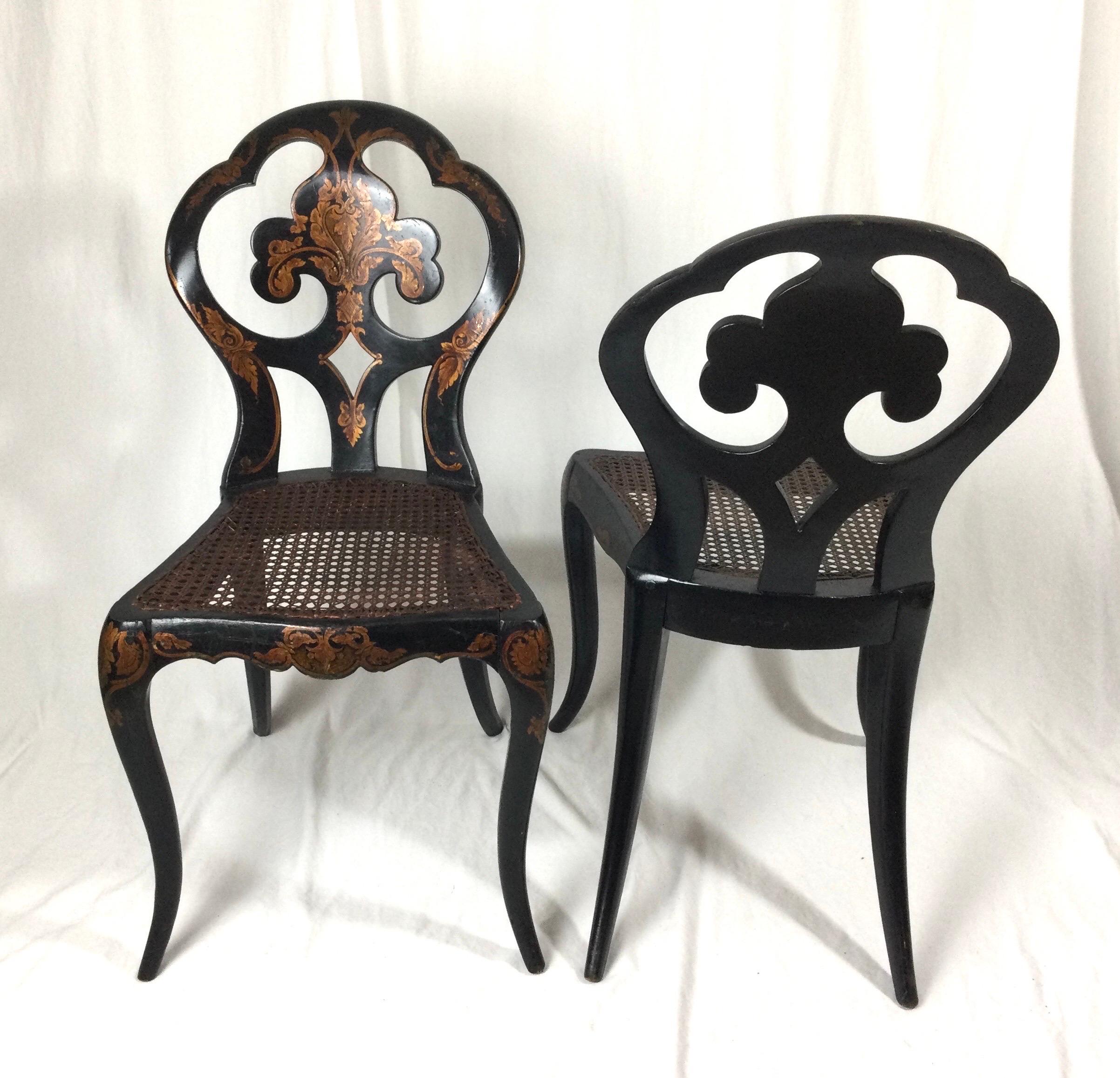 Hand-Painted Pair of English Chinoiserie Side Chairs with Caned Seats, Circa 1870's For Sale