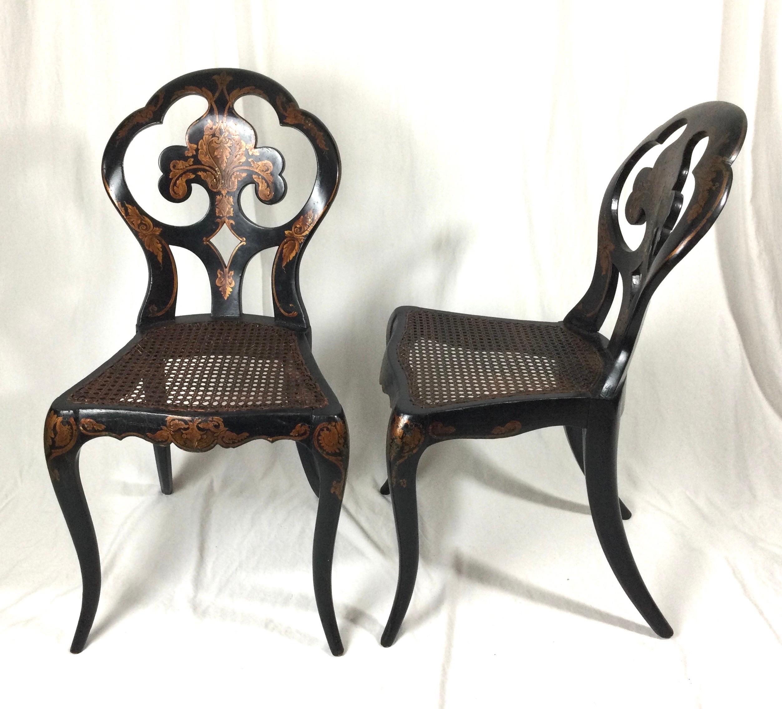 Pair of English Chinoiserie Side Chairs with Caned Seats, Circa 1870's In Good Condition For Sale In Lambertville, NJ