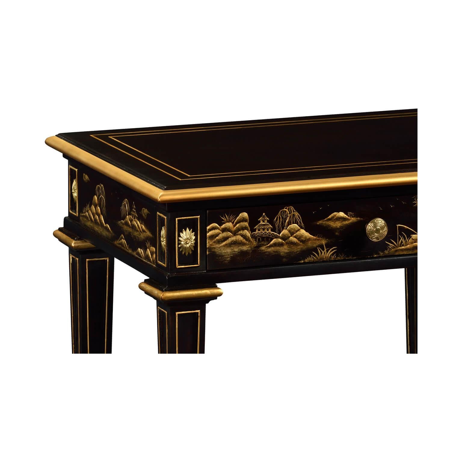 A pair of George III style lacquered and gilt chinoiserie decorated one drawer side table. With molded and gilded edge, single drawer on square tapered legs.

Dimensions: 24