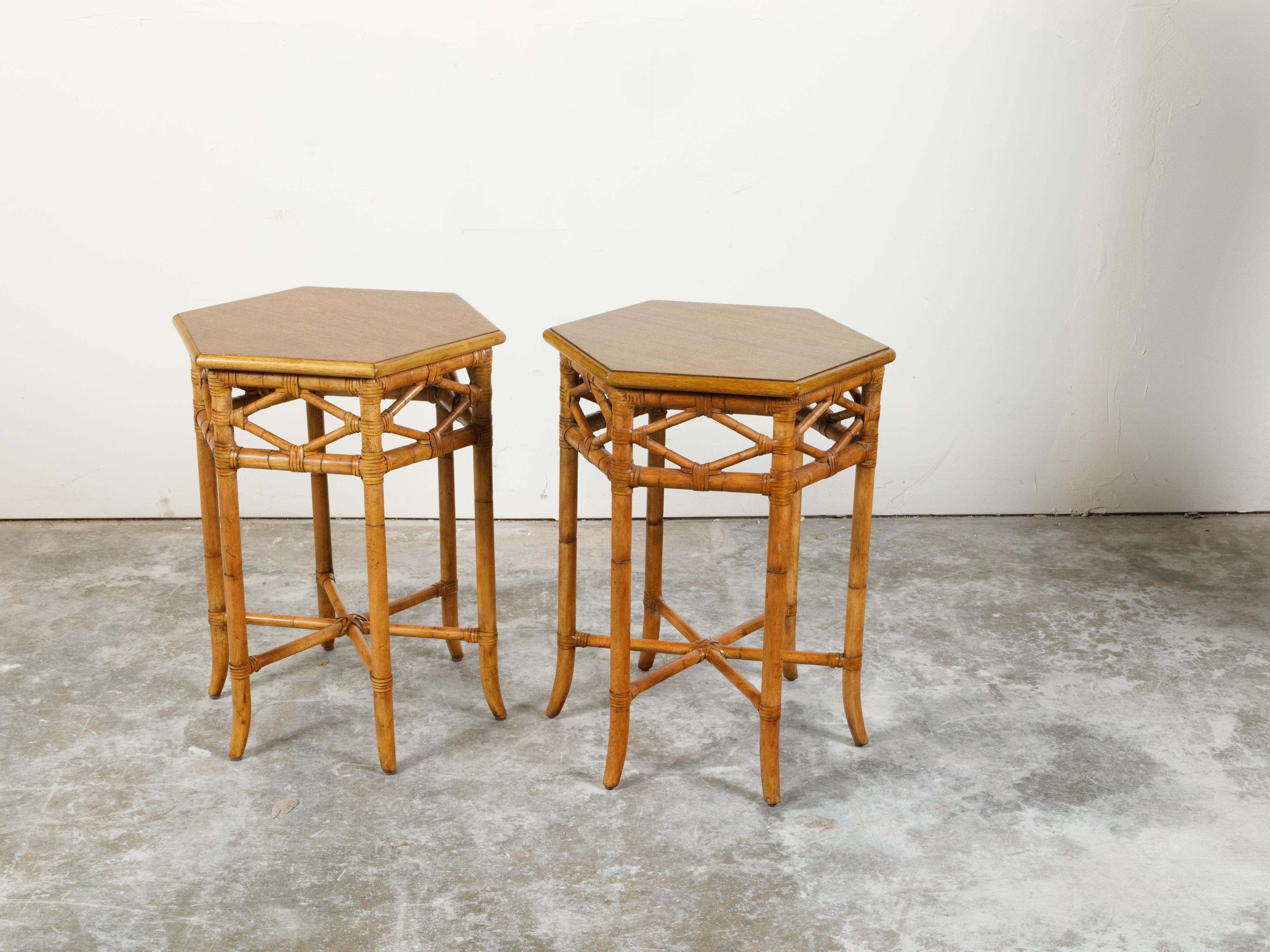 Pair of English Chinoiserie Style Faux Bamboo Side Tables with Hexagonal Tops In Good Condition In Atlanta, GA