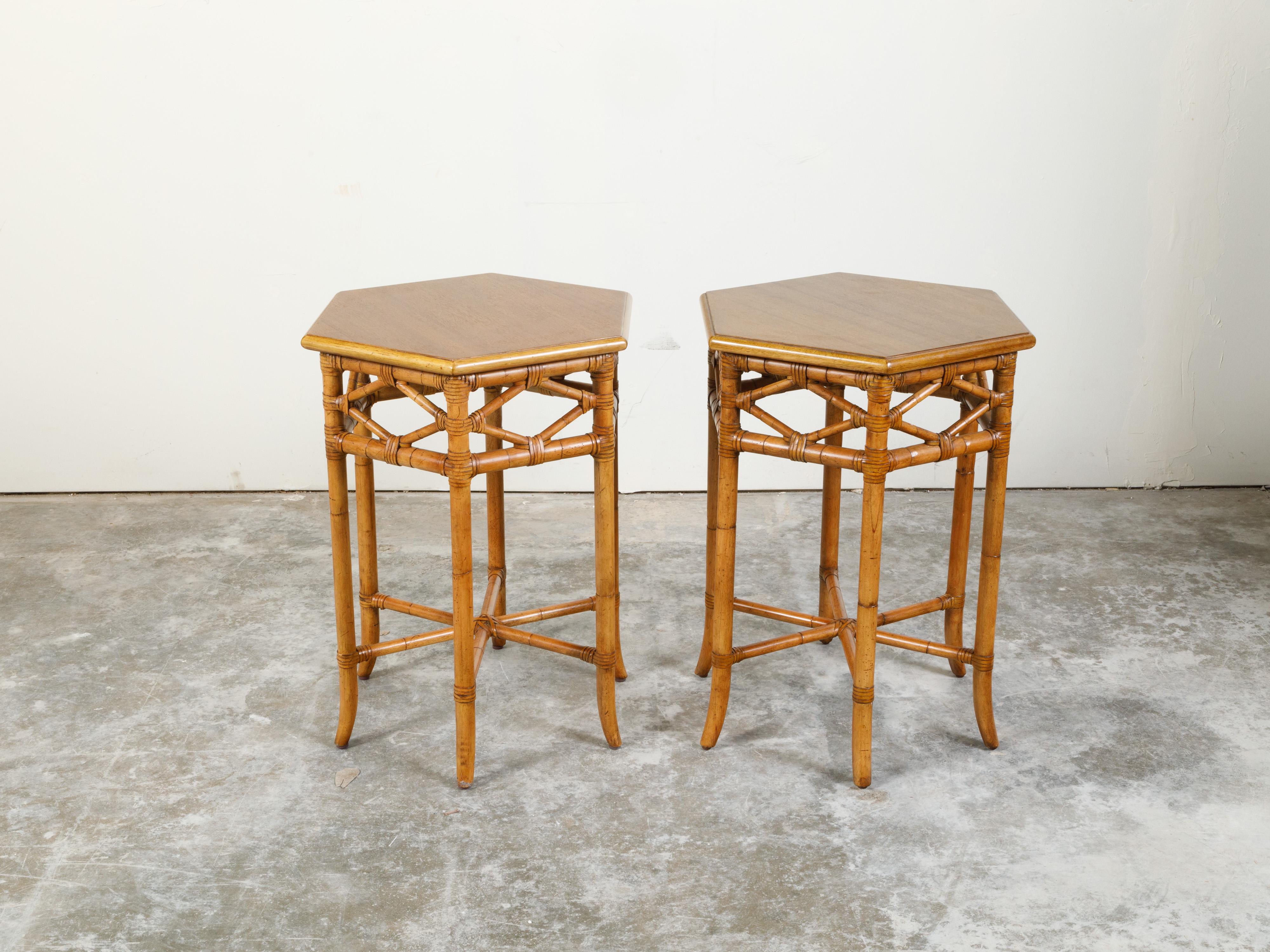 Pair of English Chinoiserie Style Faux Bamboo Side Tables with Hexagonal Tops 1