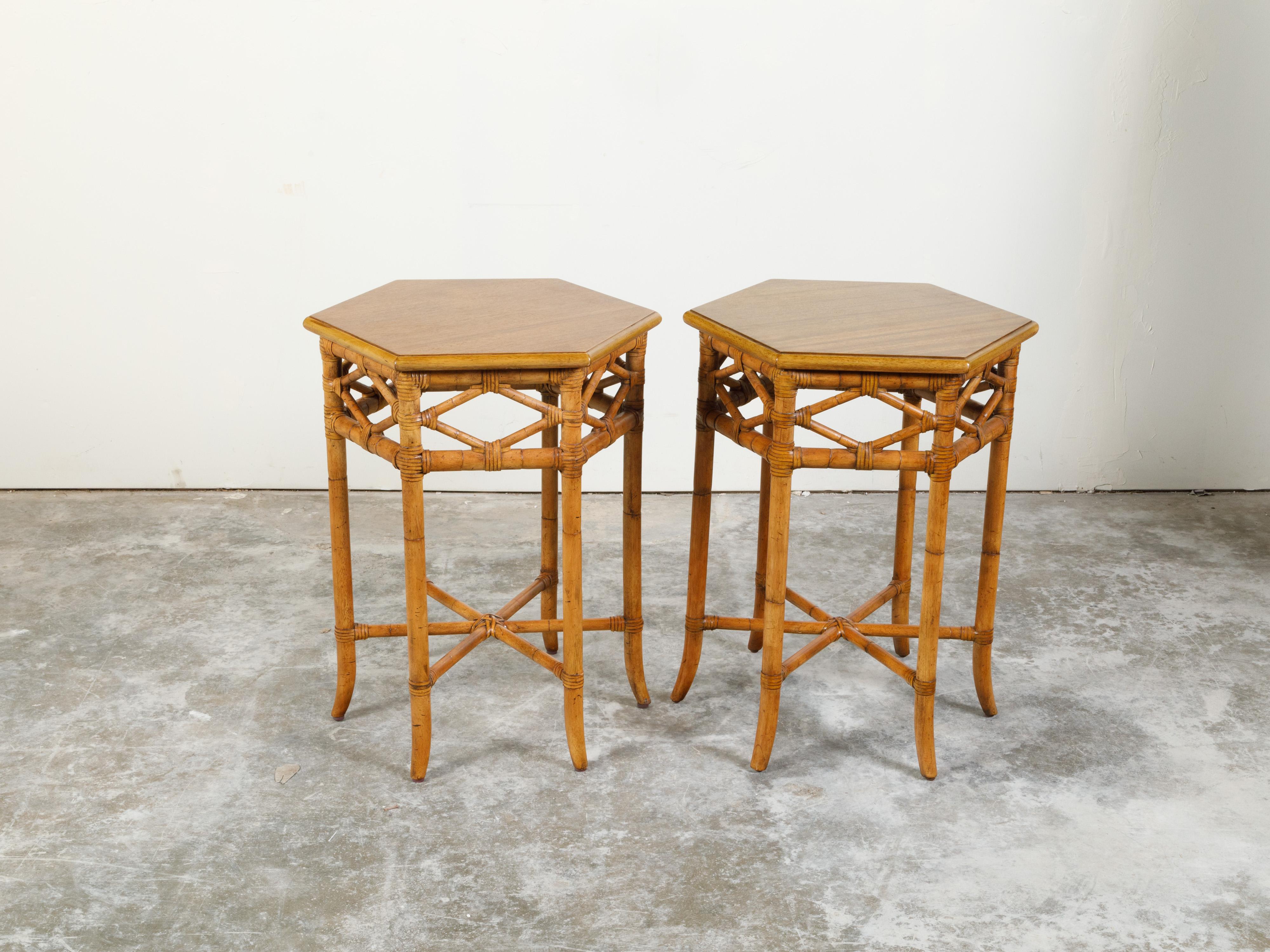 Pair of English Chinoiserie Style Faux Bamboo Side Tables with Hexagonal Tops 2