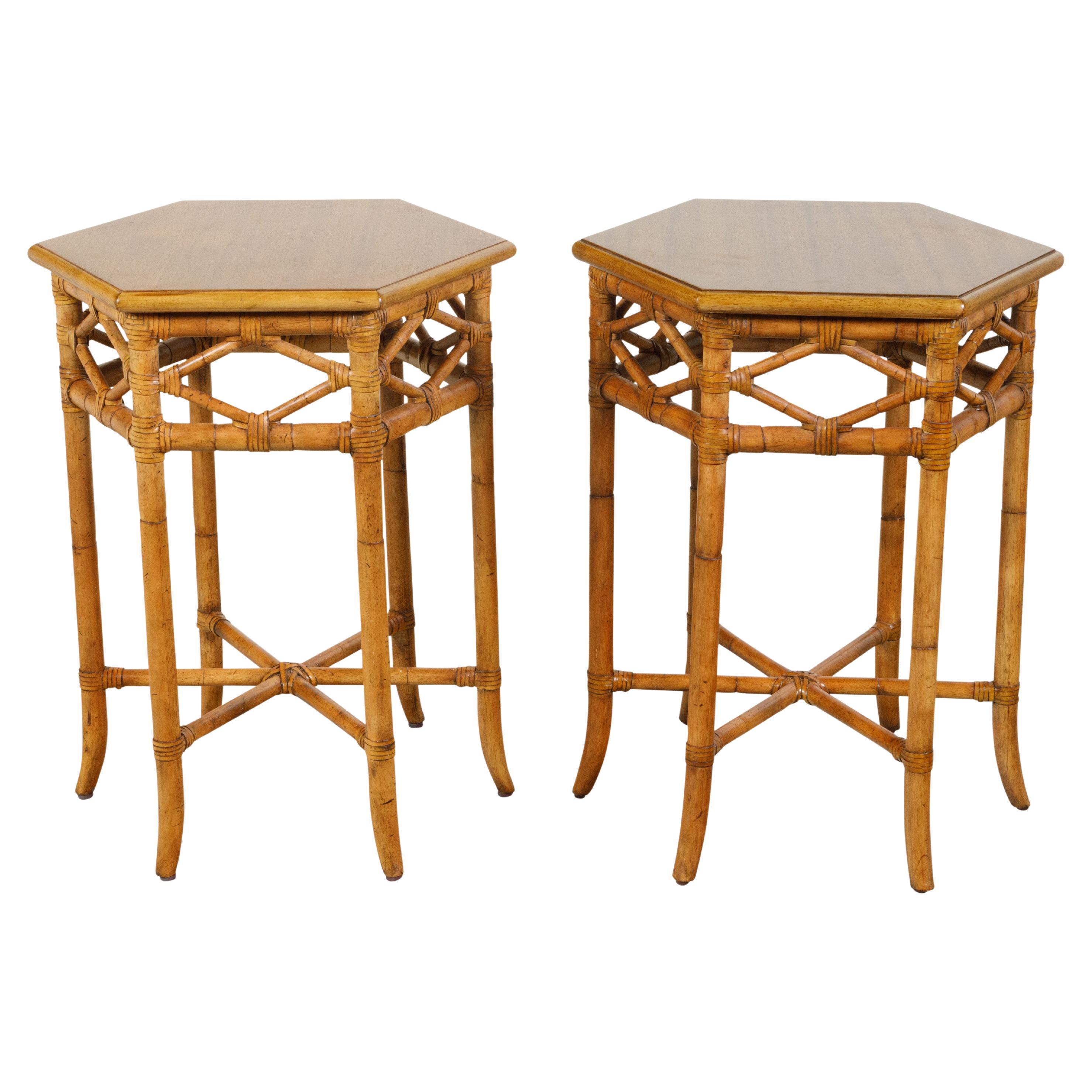 Pair of English Chinoiserie Style Faux Bamboo Side Tables with Hexagonal Tops