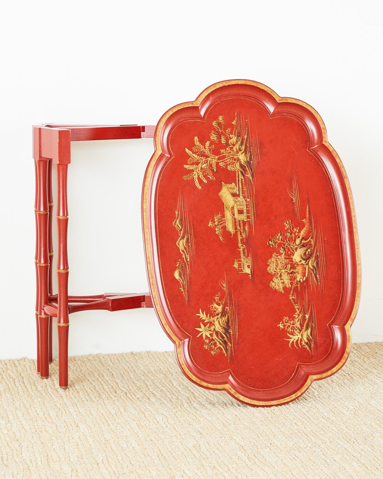 Italian Pair of English Chinoiserie Style Faux Bamboo Tray Tables