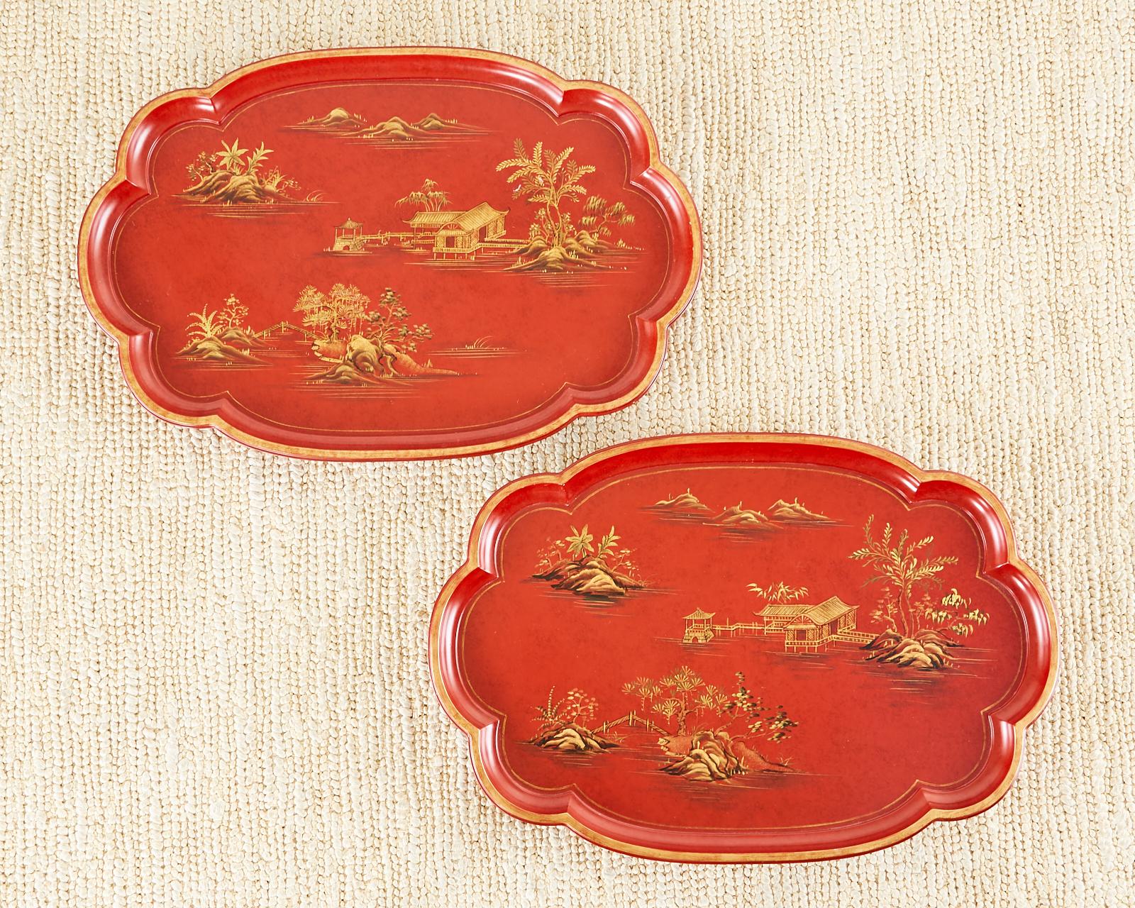 Lacquered Pair of English Chinoiserie Style Faux Bamboo Tray Tables